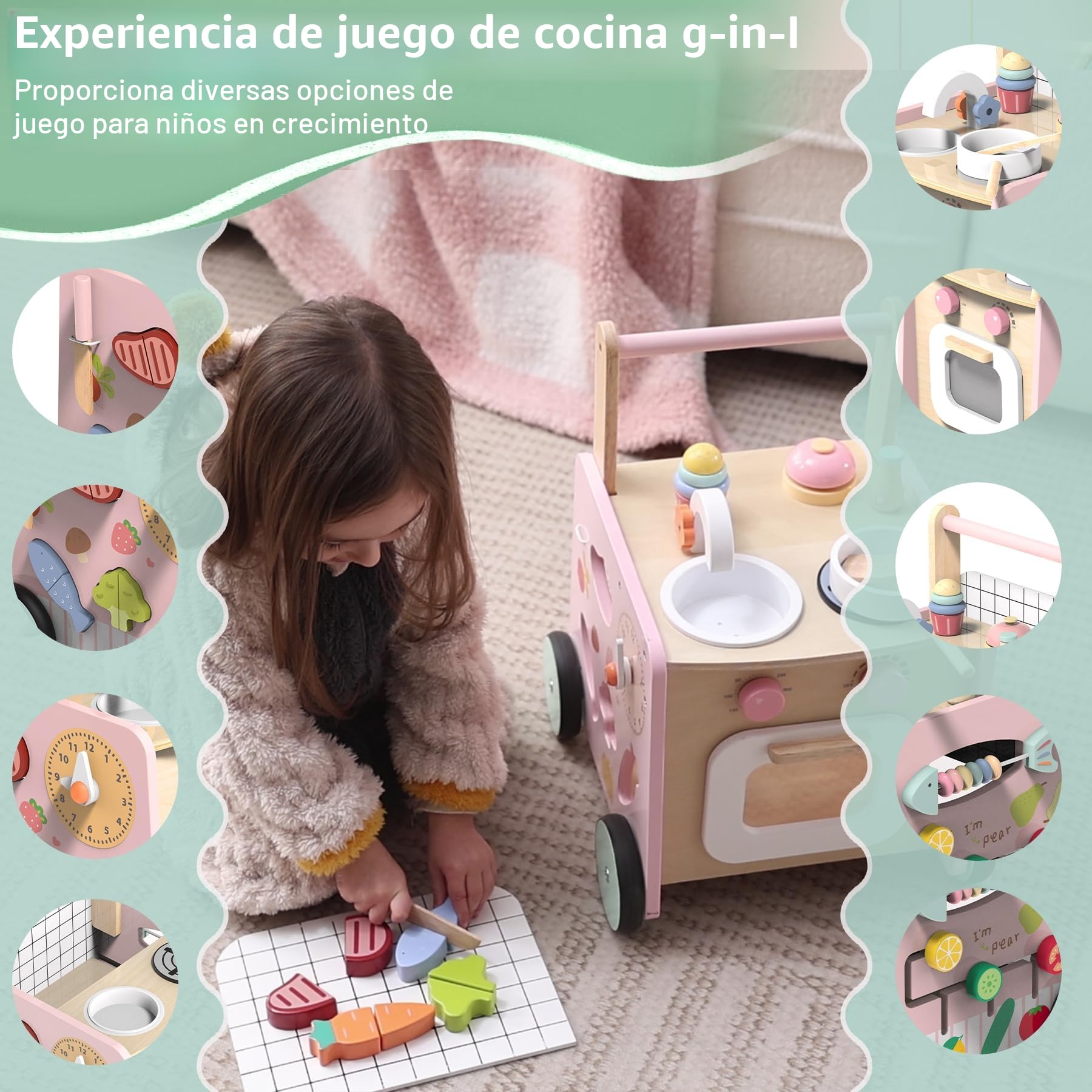 Andador Madera Bebé, 9 en 1 Andadores para Bebes con Juguetes Montessori y Cocina de Juegos, Caminador Bebé, Juguetes para Bebés de 1 Año, Regalos para Niños y Niñas