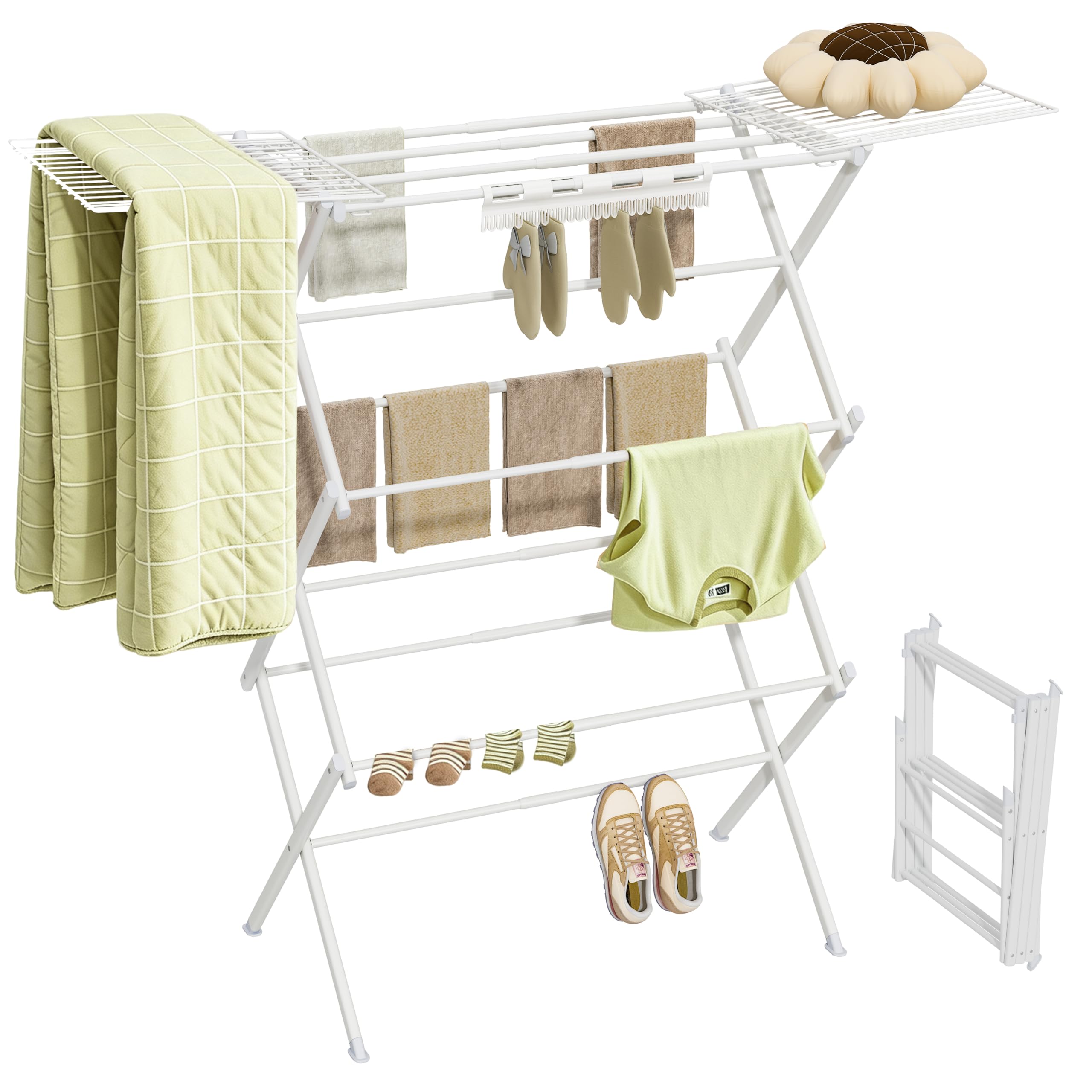 BUKFEN Expandable Clothes Drying Rack with Hook Bar, 3-Tier, Camping