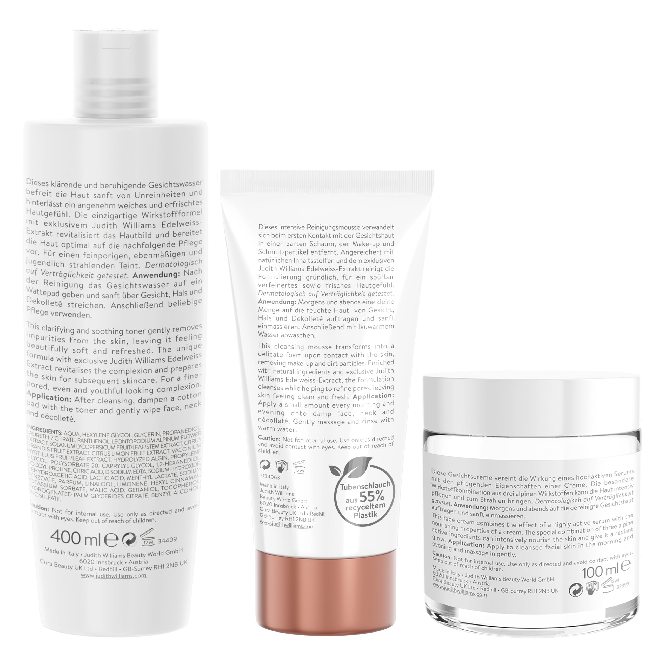 Judith Williams Cosmetics Edelweiss Set Creme, Reinigung & Toner, 3-tlg. | 3-tlg., gerötete & gereizte Haut, gegen Kollagenabbau, gegen Pigmentflecken, spendet Feuchtigkeit, Skin Revolution Edelweiss