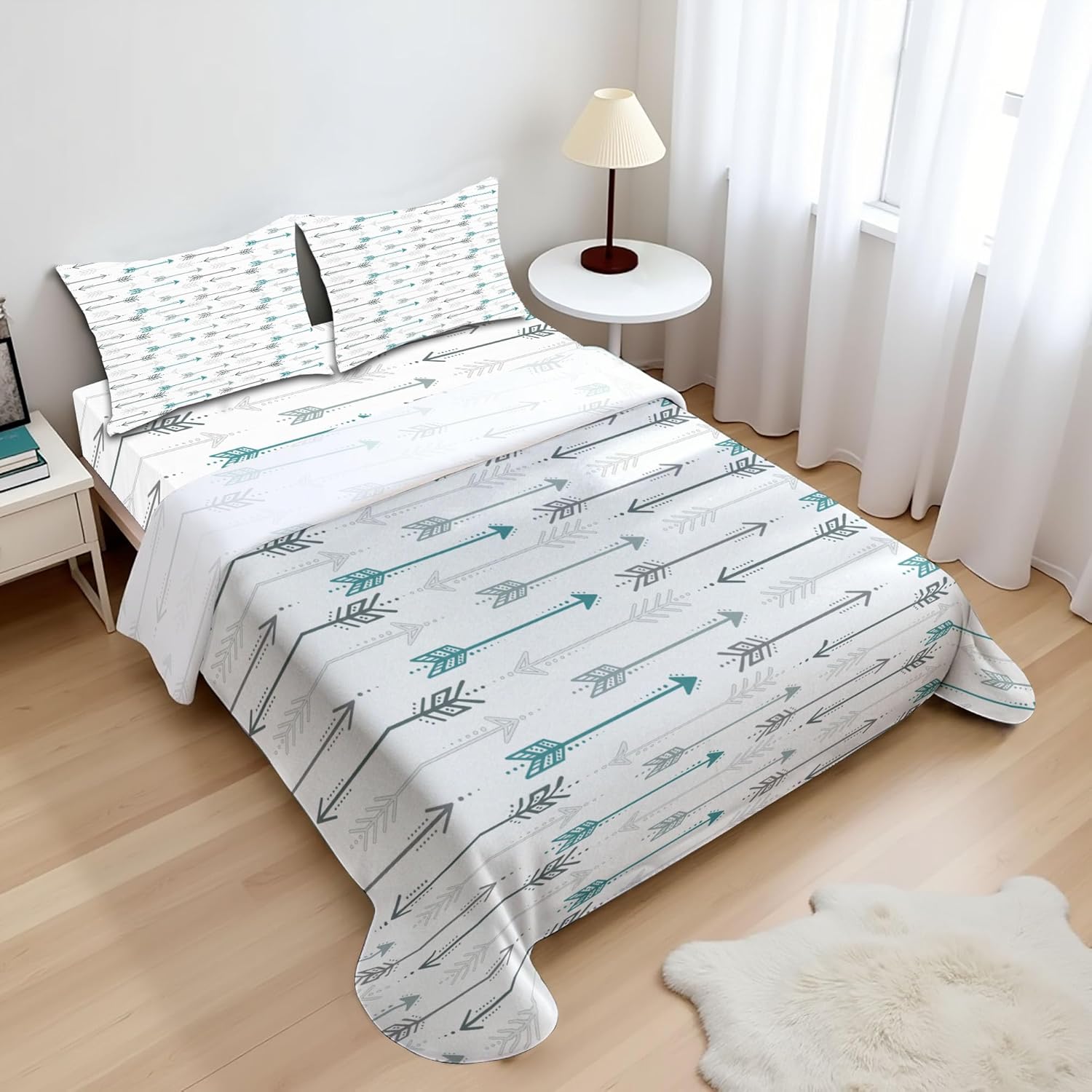 Ambesonne Teal Sheet Set, Retro Arrow Pattern in Horizontal Line Heading to Opposite Directions Art Print, Fitted and Flat Sheet with Pillowcases Bedding Accent 4 Piece Set, Calking, Grey Teal White - Thumbnail 2