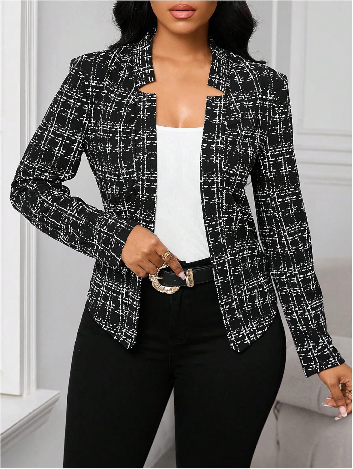 SOLY HUX Women's Plaid Tweed Blazer Elegant Open Front Long Sleeve Business Work Suit Jackets