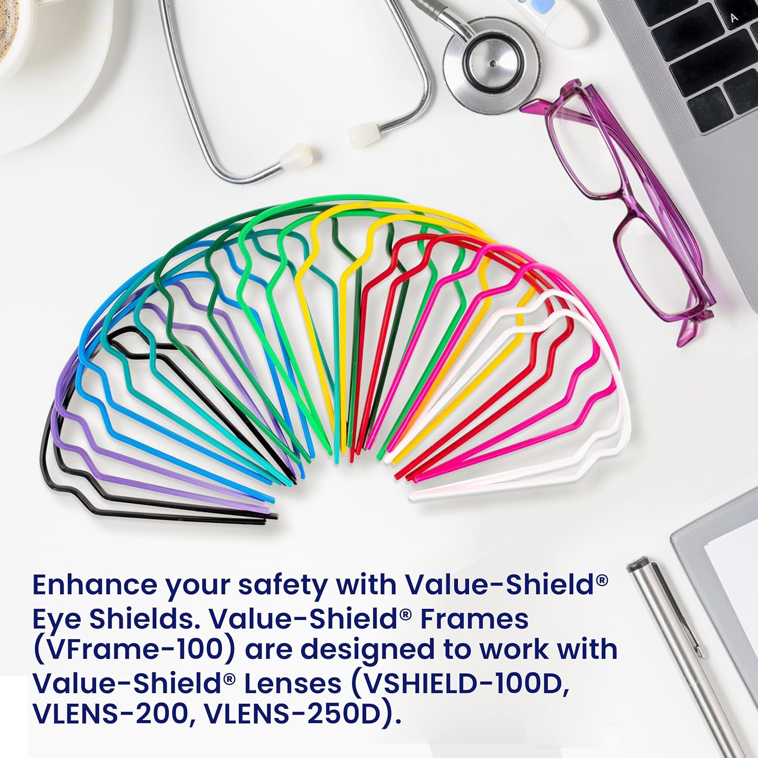 Disposable Eye Shield Frames for Dental Hygienist & Medical Office - 100 Frames in 10 Colors, Lightweight Comfortable Fit, Splash/Splatter Protection, Made in USA (Lenses Sold Separately)