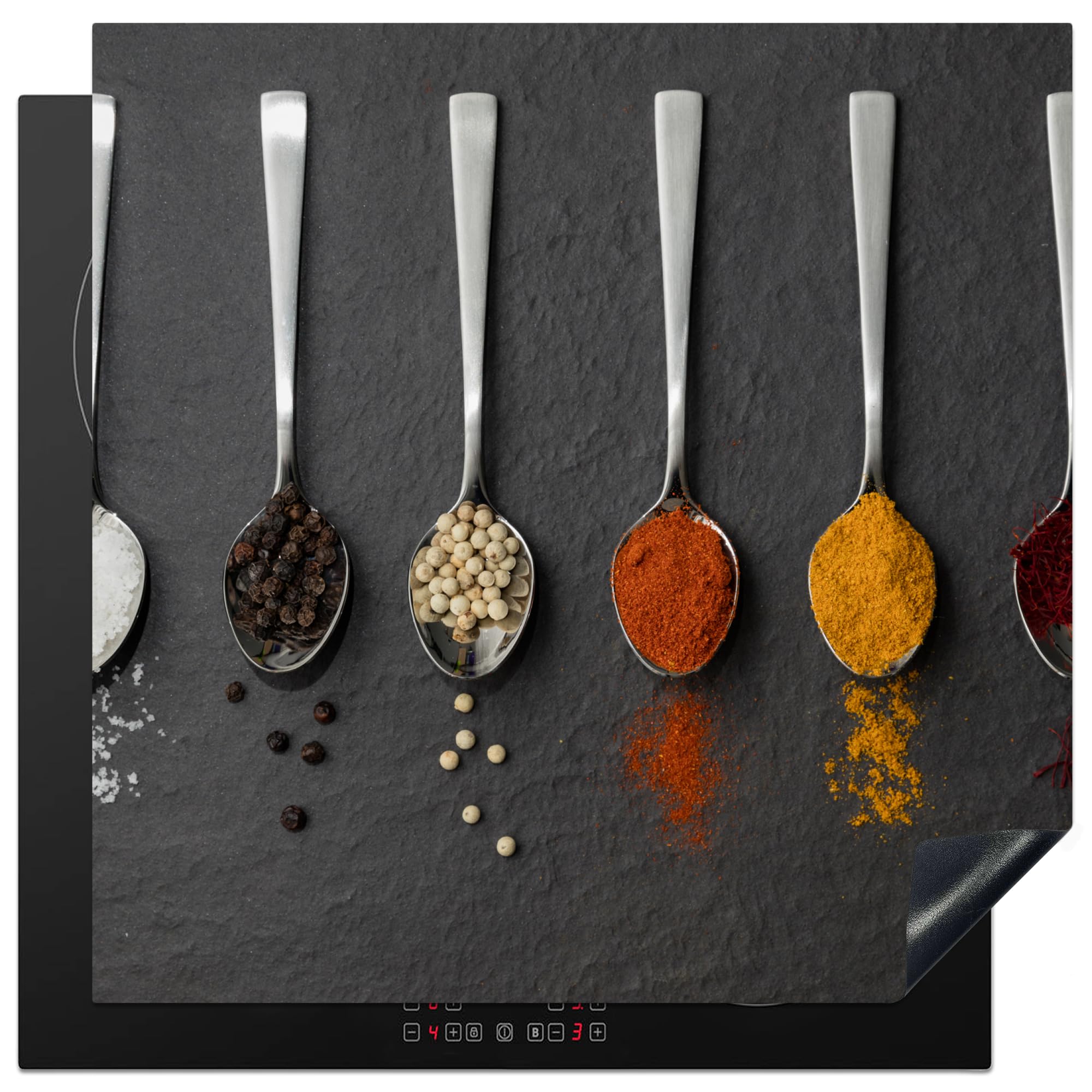 KitchenYeah© Induction Hob Cover Protector Mat 30.7"x30.7" / 78x78 cm Kitchen Universal Ceramic Covers for Electric Cookers Vinyl Spices - Spoons - Table - Rustic - Herbs — image 1