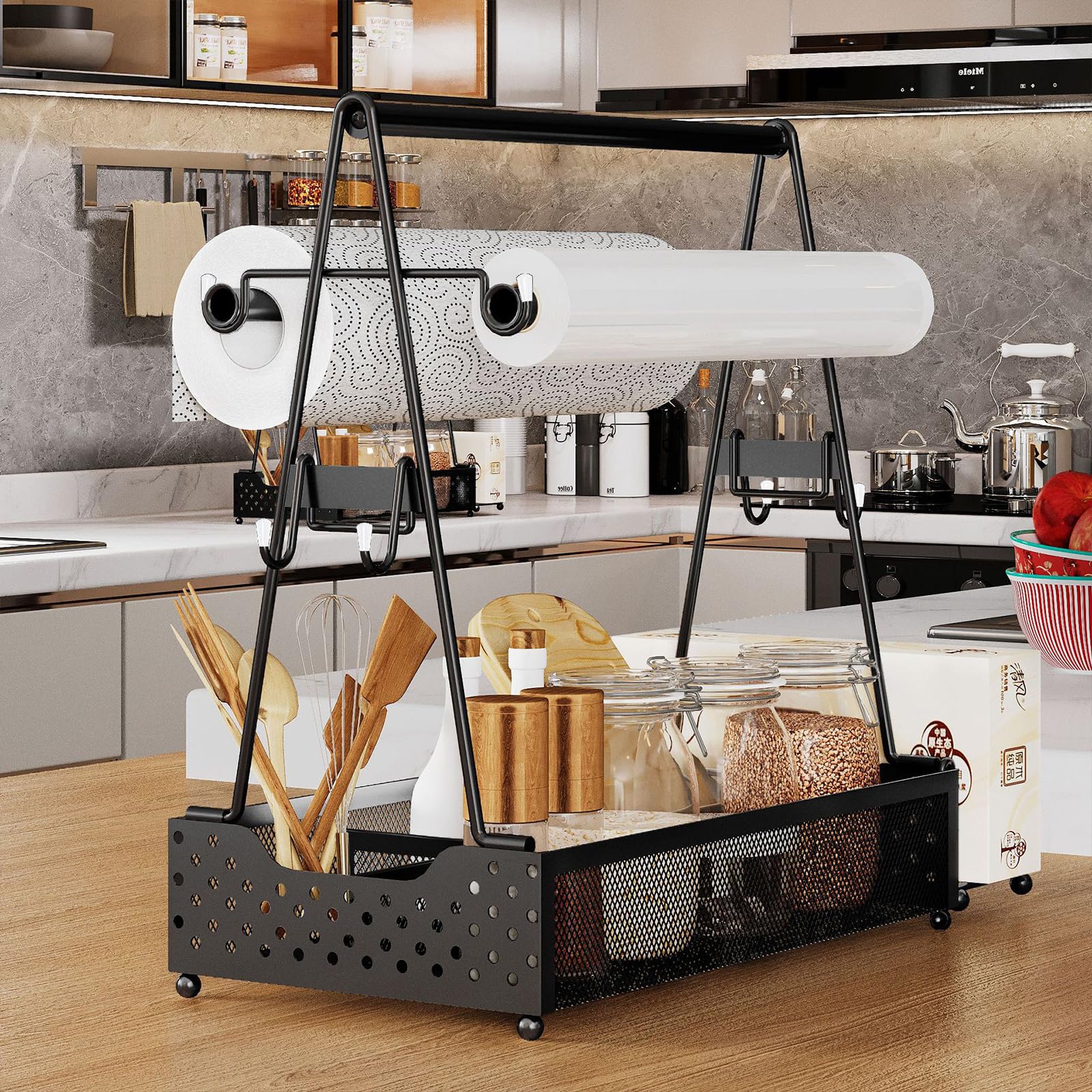 Carrito para barbacoa, recipiente para utensilios de barbacoa, con soporte para toallas de papel y 4 ganchos, organizador de especias para camping, cocina