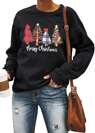 ASTANFY Merry Christmas Sweatshirt for Women Drop Shoulder Long Sleeve Christmas Tree Pullover Lightweight Shirt