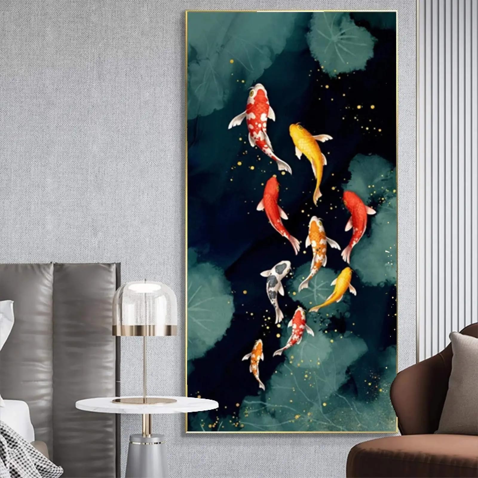 GKUVBF Quadro astratto con pesci koi su tela, decorazione murale per soggiorno, camera da letto e casa (40x80 cm/cornice interna)