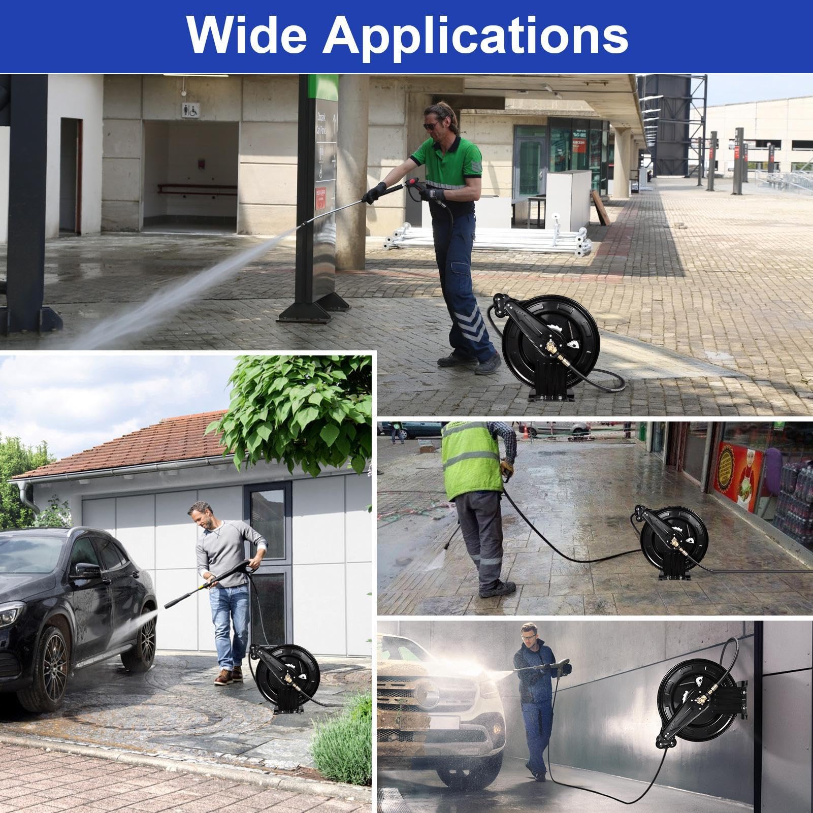 Carrello avvolgitubo retrattile ad alta pressione, retrattile, 15 m x 1,5 cm, in acciaio, 4000 psi, ritorno dolce, per pavimenti in officina, cortile e garage per la pulizia