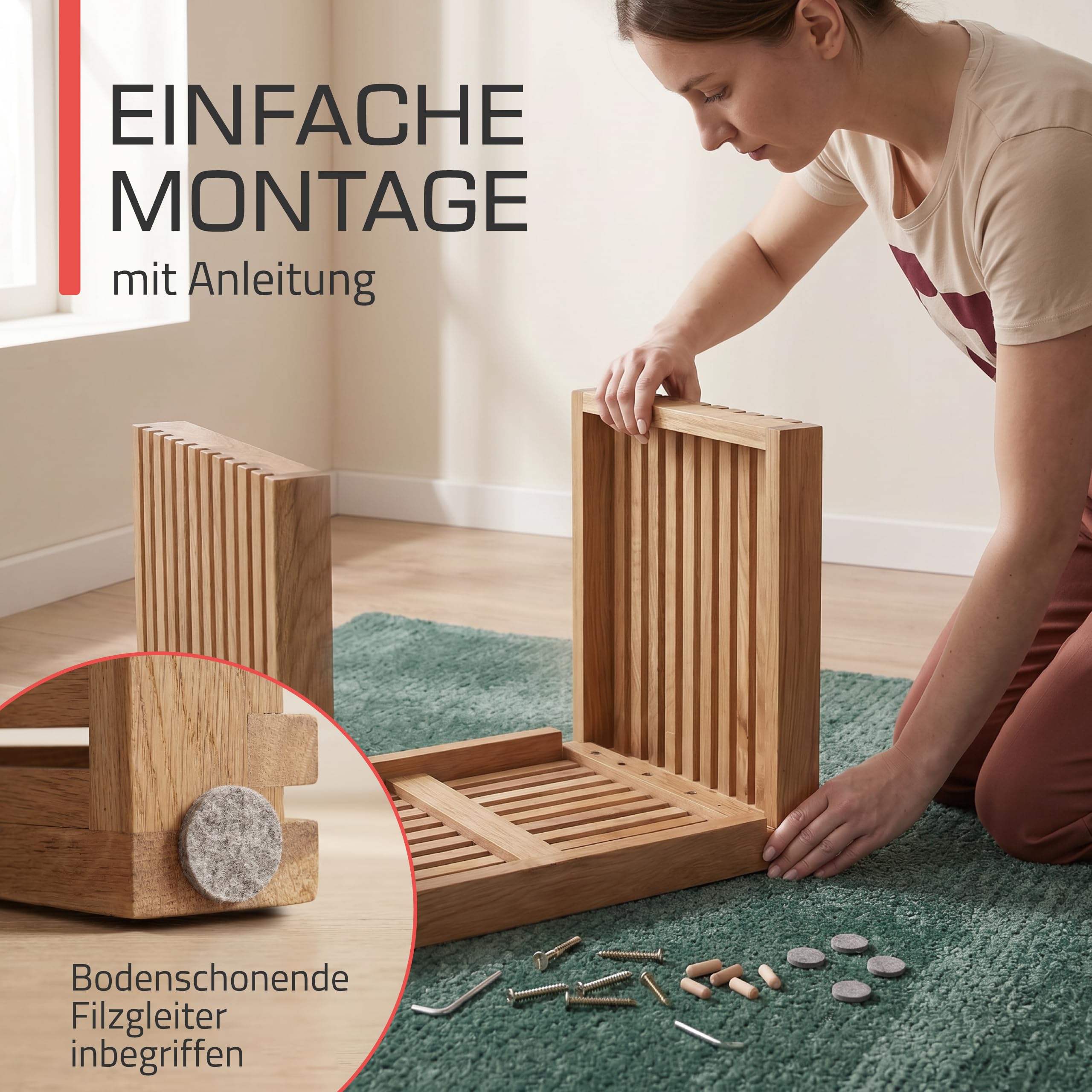 bomoe Lamellen-Hocker Holz FSC® Eichenholz für Küche und Badezimmer stabil | 45x33x43cm massiver langlebiger Sitzhocker Flur Garderobenhocker Schuhhocker Hocker Badhocker Sitzbank Eichberg
