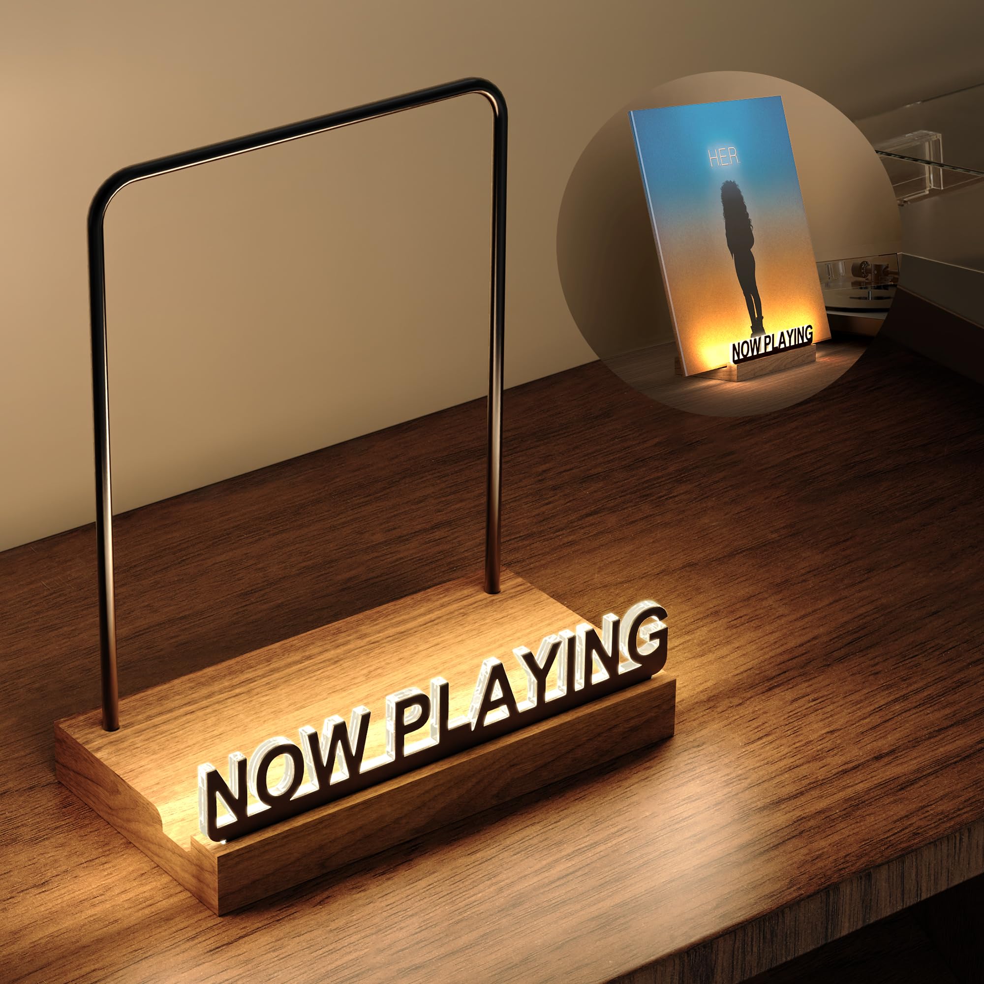 KORRTFID Now Playing - Supporto per dischi in vinile, luce bianca calda, con lettere in acrilico a prova di impronte digitali