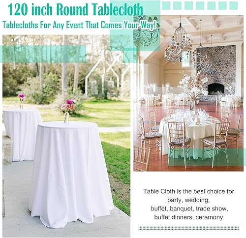 Miniatura 7 de REWOMC Paquete de 10 manteles redondos de 120 pulgadas, mantel de poliéster blanco para mesa redonda, resistente a las manchas y a las arrugas,
