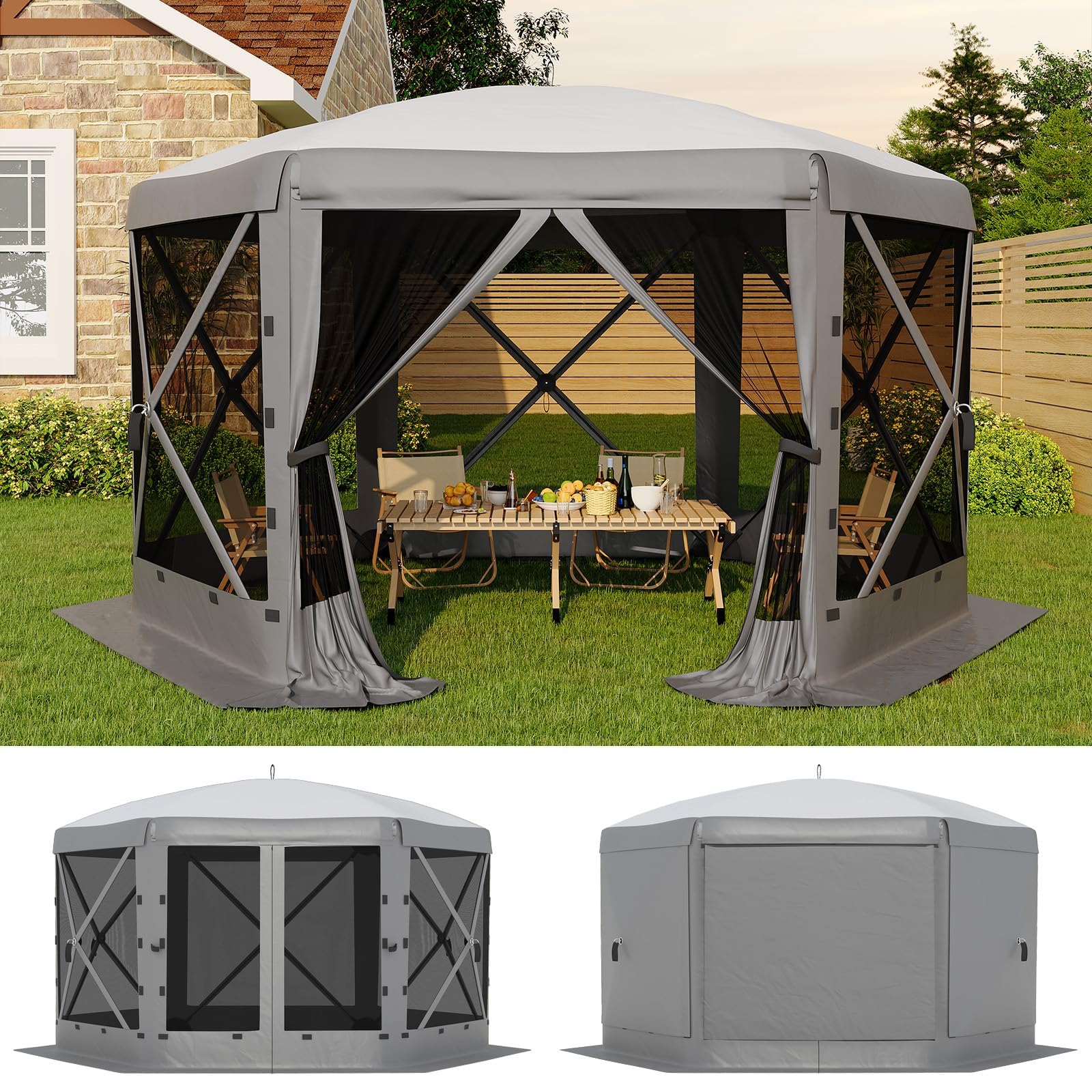 Photo 1 of 13x13FT 6-Sided Gazebo Tent, One-Push Setup Canopy with Mesh Panels & Removable Wind Cloths, Outdoor Shelter for Backyard Parties Camping Events, Grey