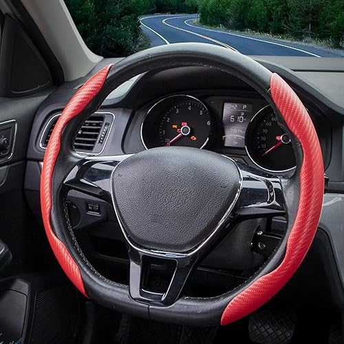 Miniatura 7 de UREHEPO Funda de fibra de carbono para volante de automóvil, piel de microfibra antideslizante y transpirable, accesorios universales, color rojo