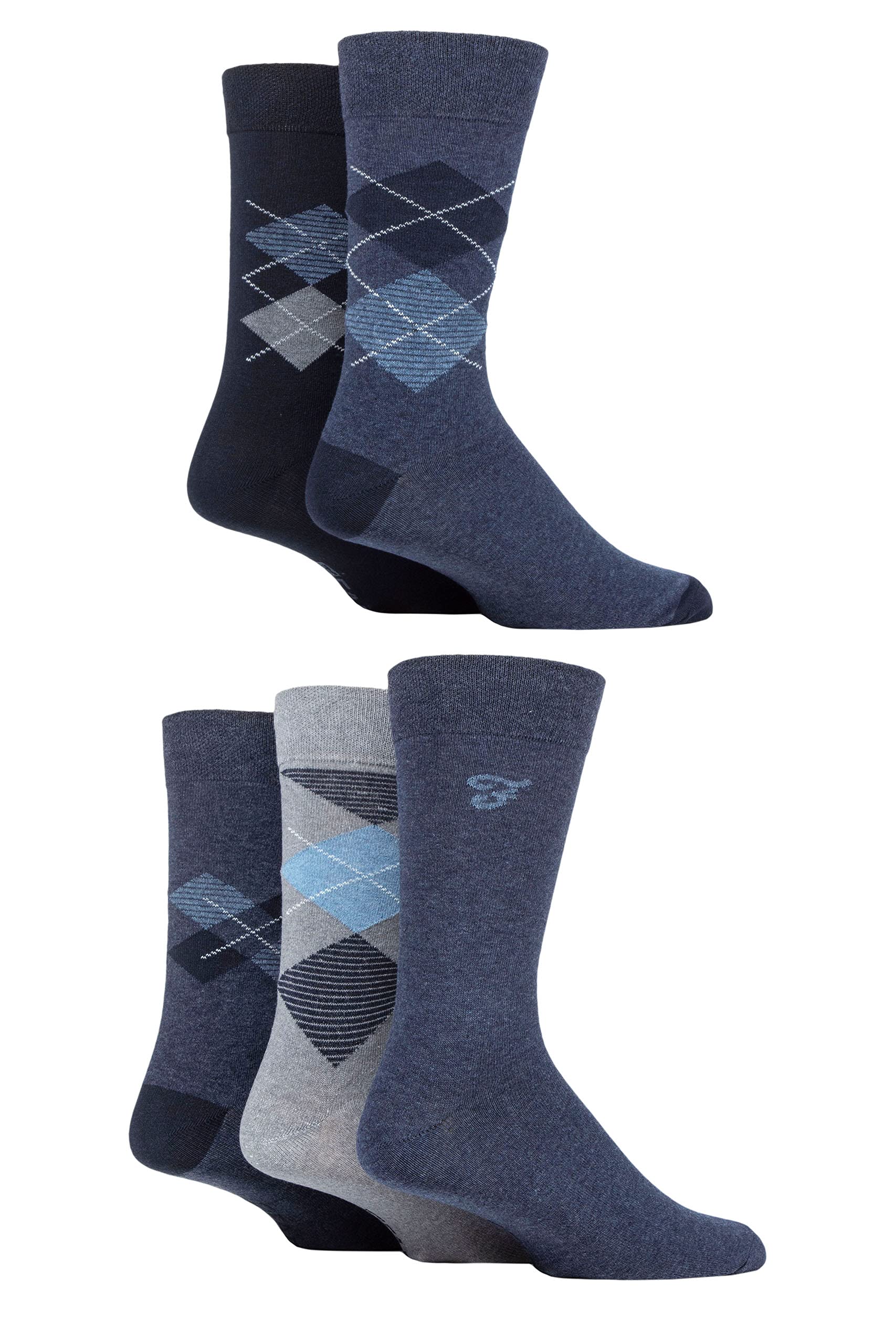 Farah Mens Cotton Socks Striped and Argyle Patterned Designs Calf Length Pack of 5 - Argyle Denim 6-11