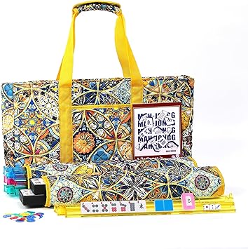 American Mah Jong Tile Set with Yellow Printed Carry Bag, 166 Blue Tiles, 4 All-in-One Color Rack/Pushers, Mah Jongg Set, Mah Jong Game Set, Travel, Christmas, Birthday Gift
