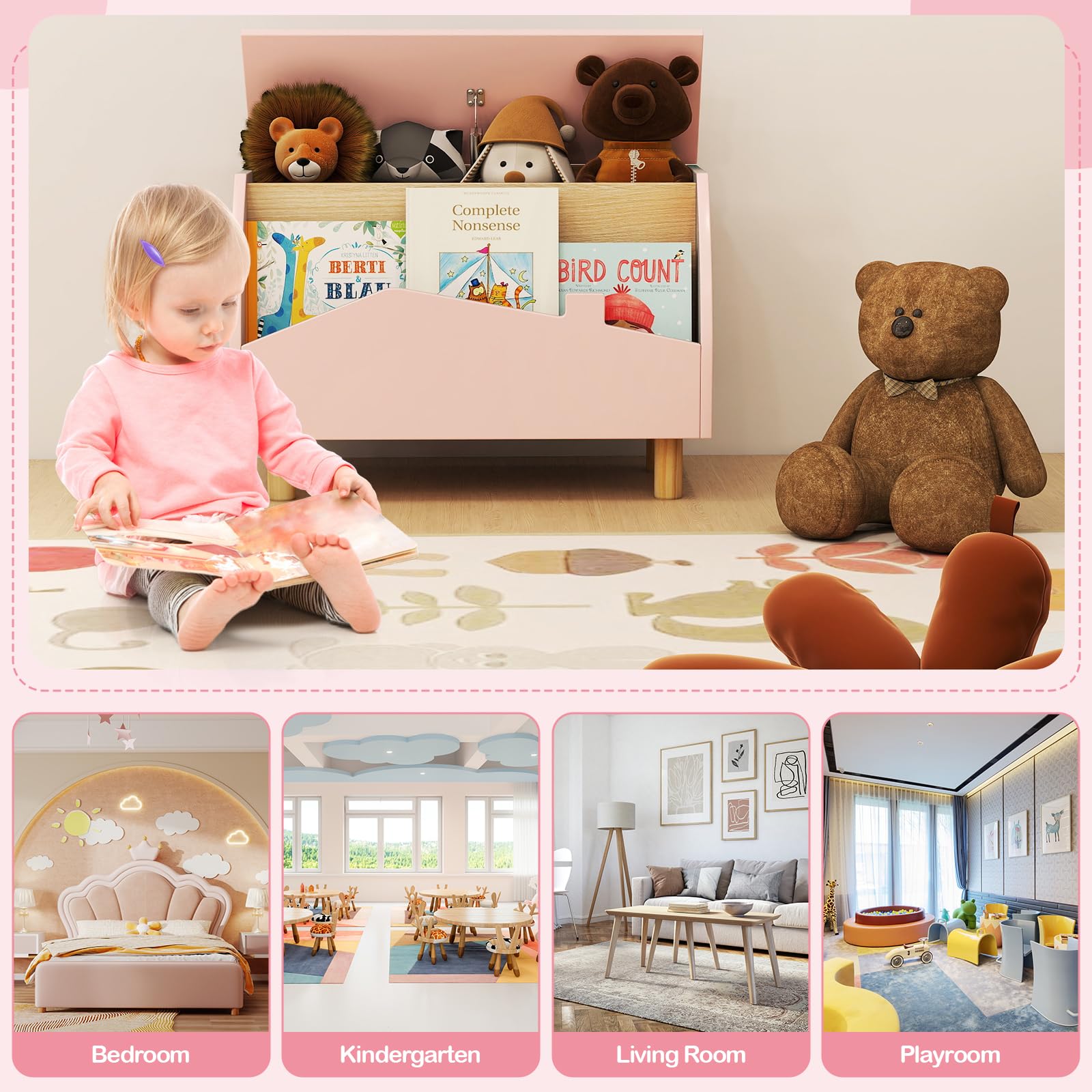 FANTASK Spielzeugkiste Holz, Spielzeugtruhe mit Deckel & offenem Regal, Aufbewahrungsbox Kinder mit großer Kapazität, Truhe zur Spielzeugaufbewahrung für Kinderzimmer & Spielzimmer, Rosa