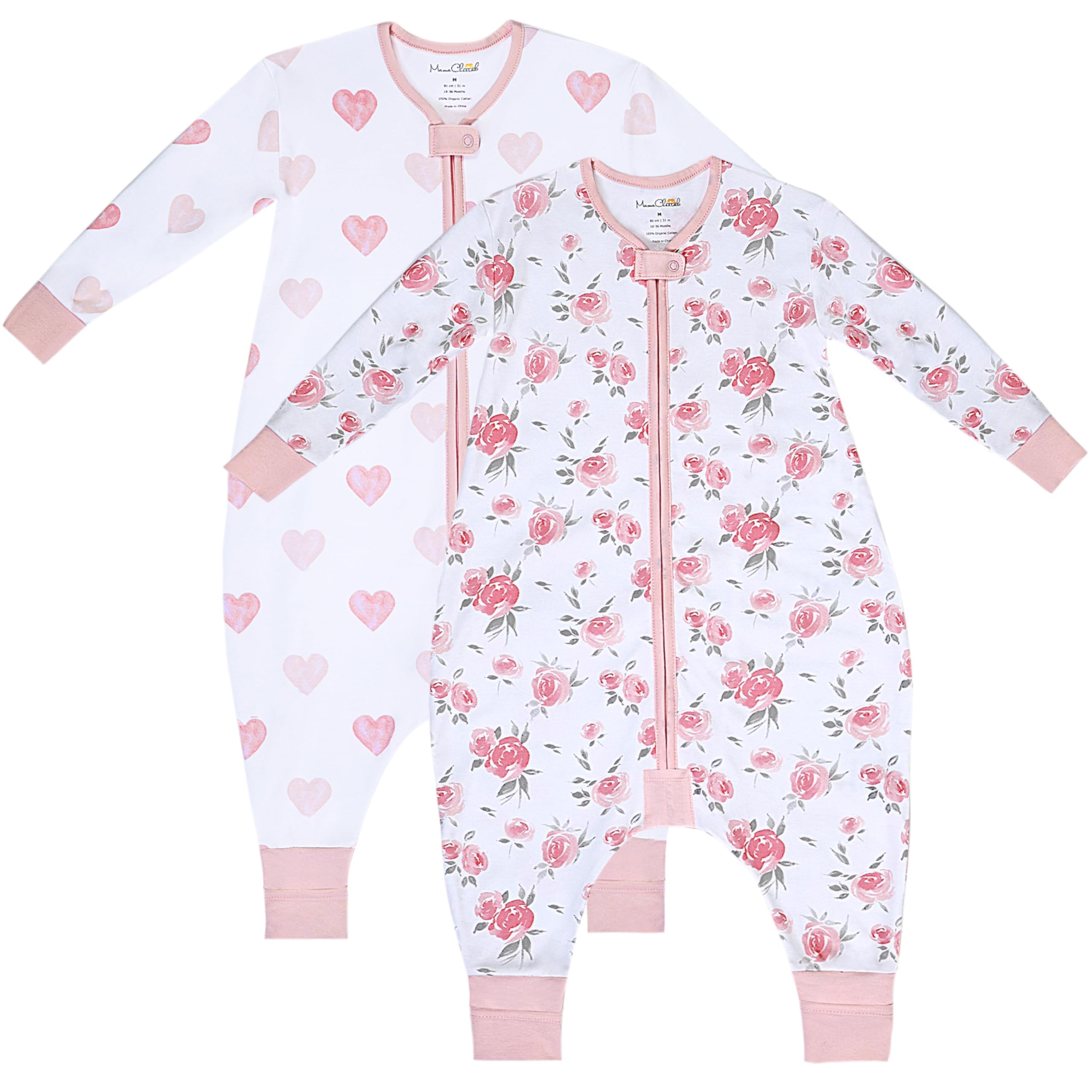 Mama Cheetah Sacco nanna per bambini con piedi, maniche lunghe, 1,0 Tog, 100% cotone biologico, sacco nanna con gambe, coperta indossabile per escursionisti, con cerniera a 2 vie, coperta per bambini