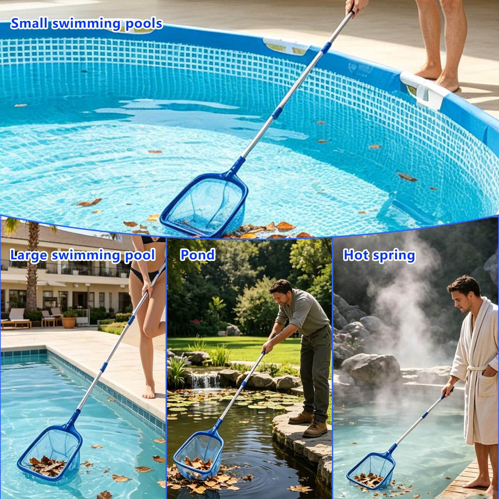 Épuisettes de Surface pour Piscine 186cm, Filet de Piscine, Filet Feuille Piscine Réglable, Épuisette de Piscines Fond avec Manche Télescopique, pour Spa, Source Chaude, Étang, Jacuzzis