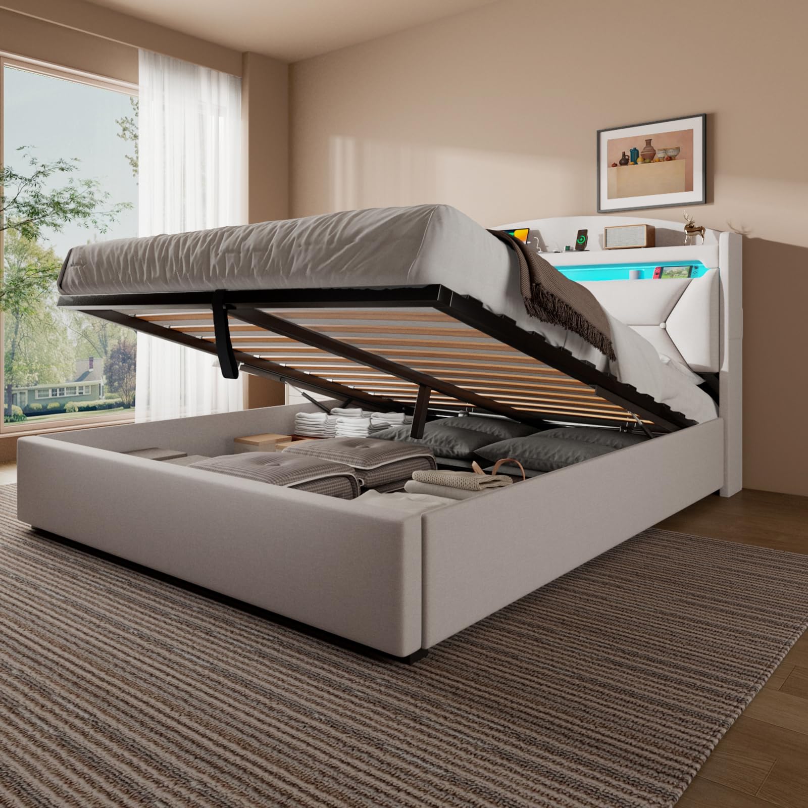 Letto Matrimoniale con Contenitore 140x200 cm, Letti Matrimoniali con LED, USB e Type-C, Letto Contenitore Idraulico, Letti Matrimoniali con Doghe, Beige Lino, Senza Materasso