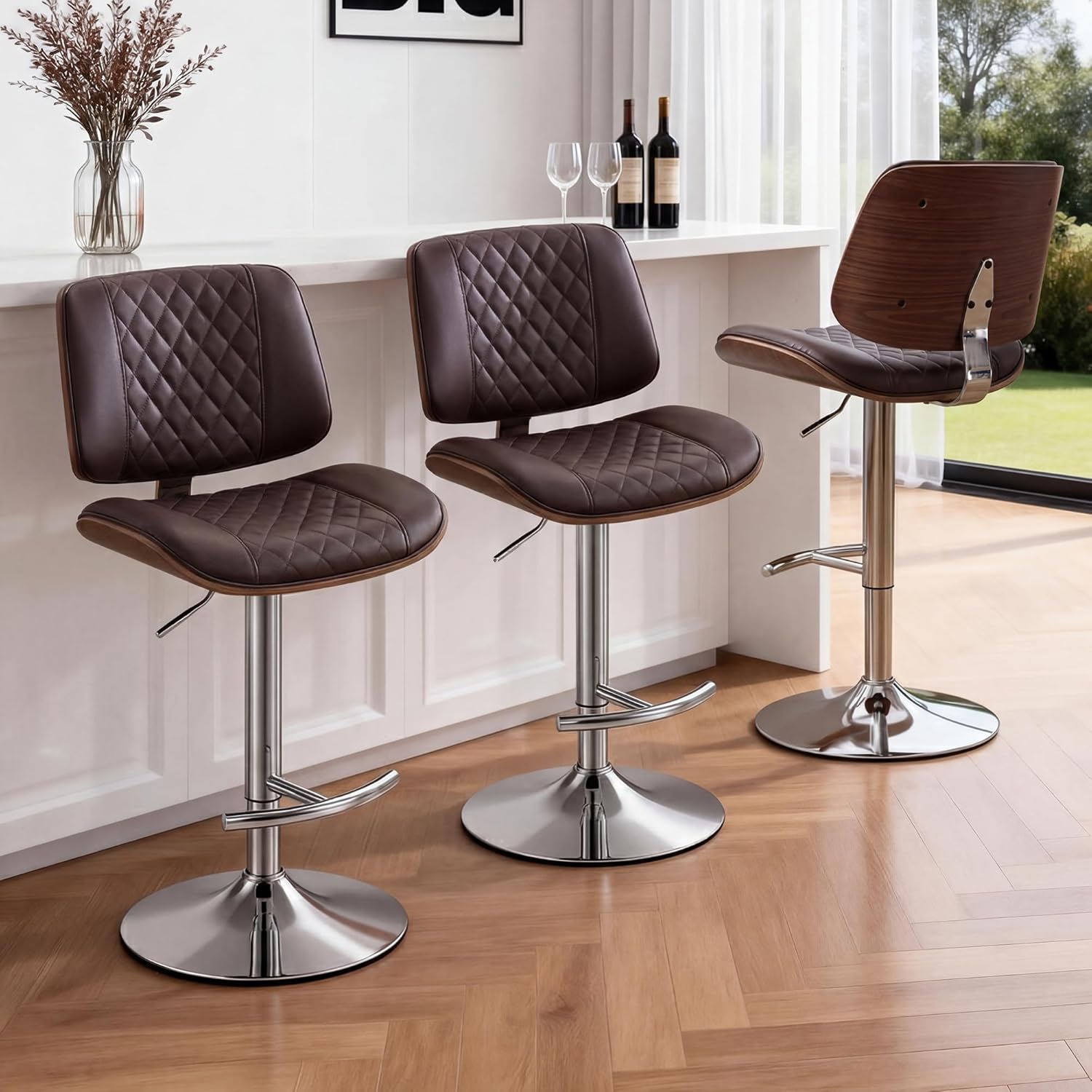 24" Bar Stools, Adjustable Swivel Counter Height Barstools with Bentwood Backs & Footrest, PU Leather Upholstered Bar Chairs for Kitchen Island, Dining Room, Cafe (PU Brown, Set of 3)