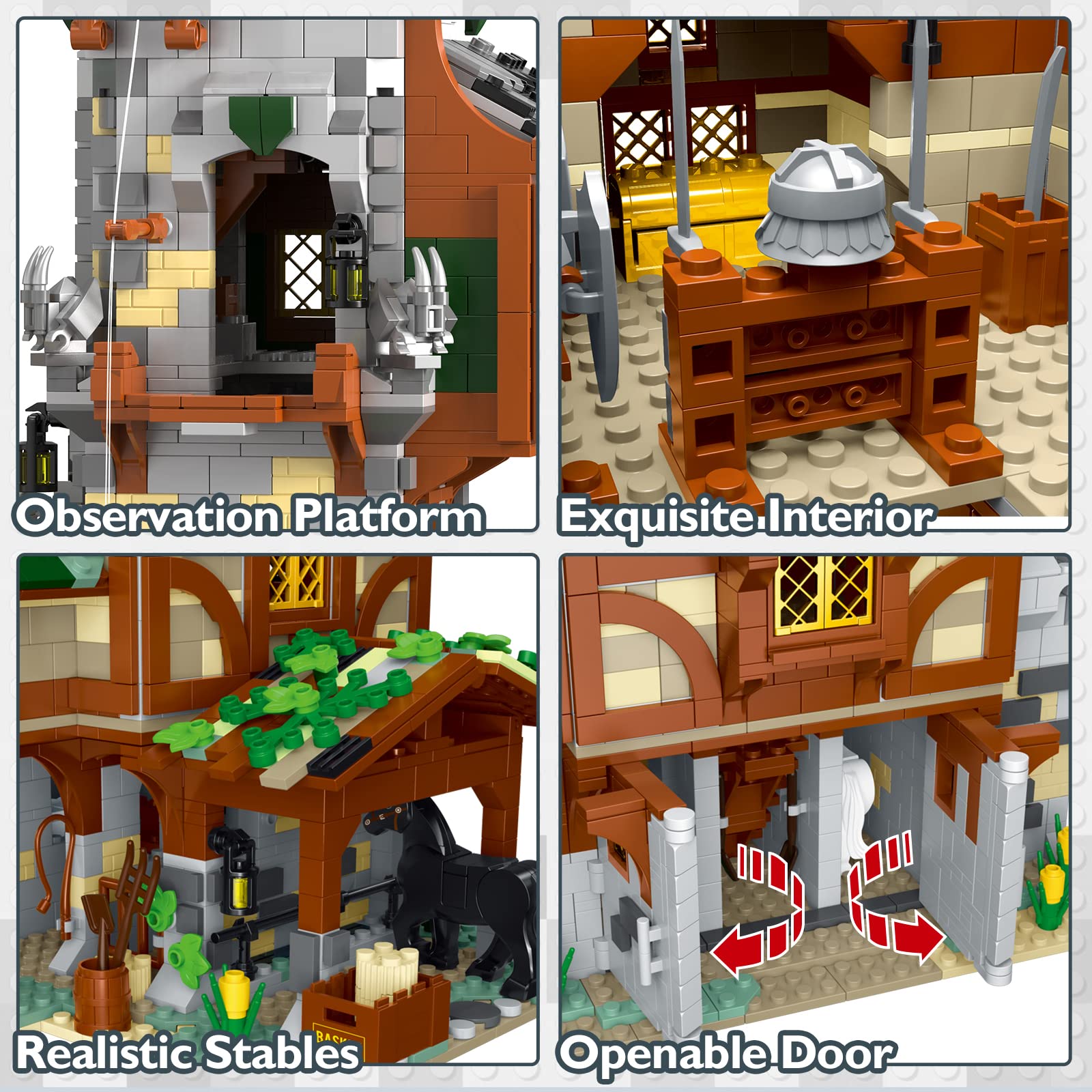 JMBricklayer Mittelalterliche Klemmbausteine für Erwachsene, Wachtturm Stall Modul Bauset mit Pferden, Ausstellungs Dekor Modellkollektion, BAU Architaction Geschenk für Jugendliche ab 14 Jahren