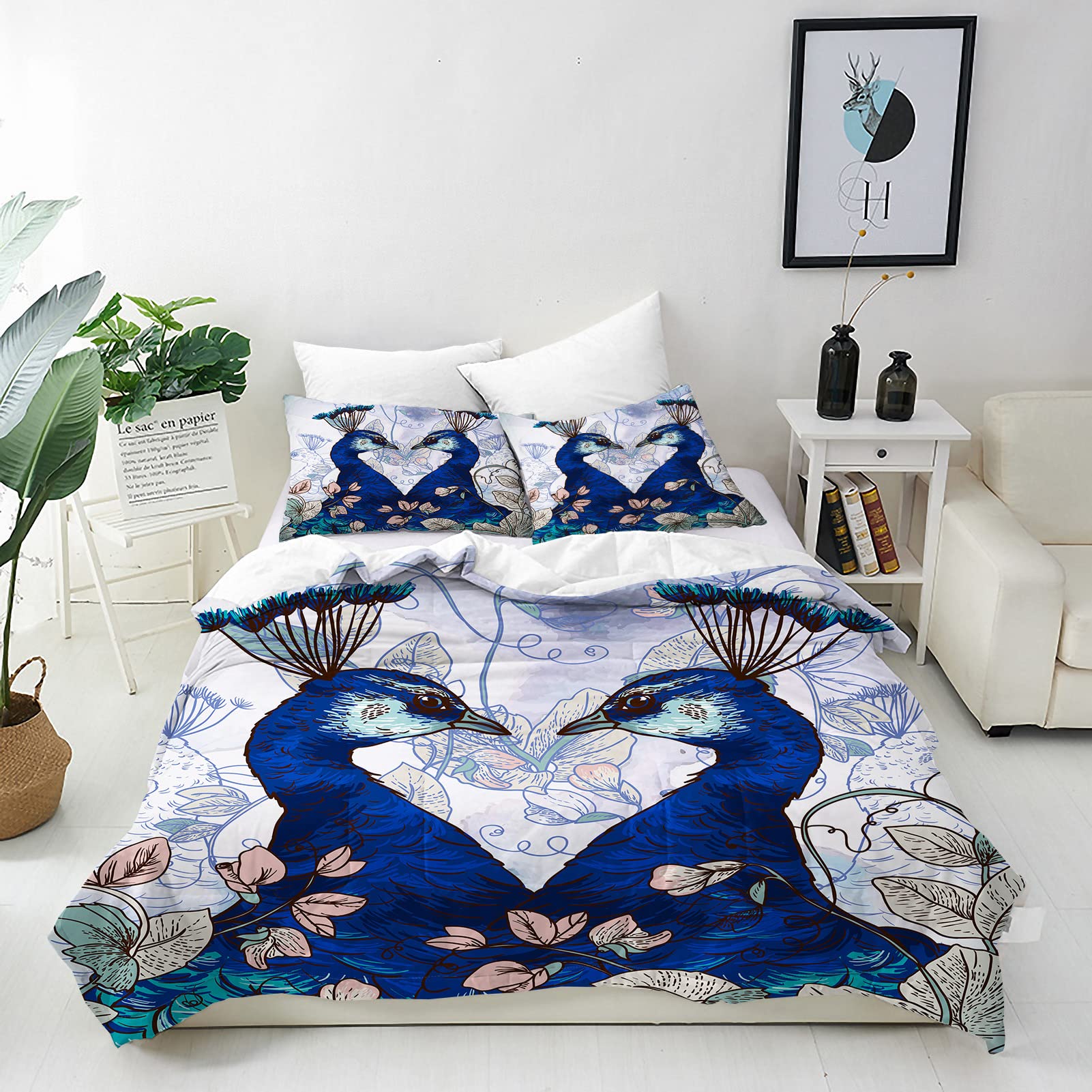 ANHOPE Peacock Duvet Cover Set Soft Comforter Cover Vintage Floral Peacock Print Pattern 3 Piece Bedding Set with Pillowcase All Season Quilt Cover with Zipper for Kids Adults King Size — image 1