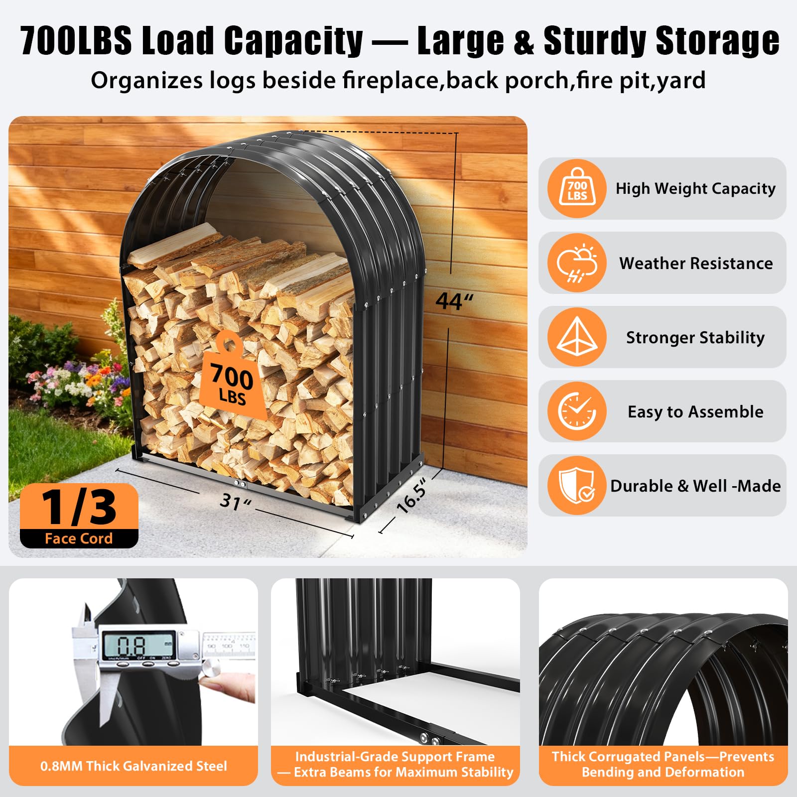 Portalegna da ardere resistente con copertura ad arco, capacità 317,5 kg, porta legna in acciaio zincato impermeabile, per camino interno o patio esterno, elegante organizer per legna da ardere