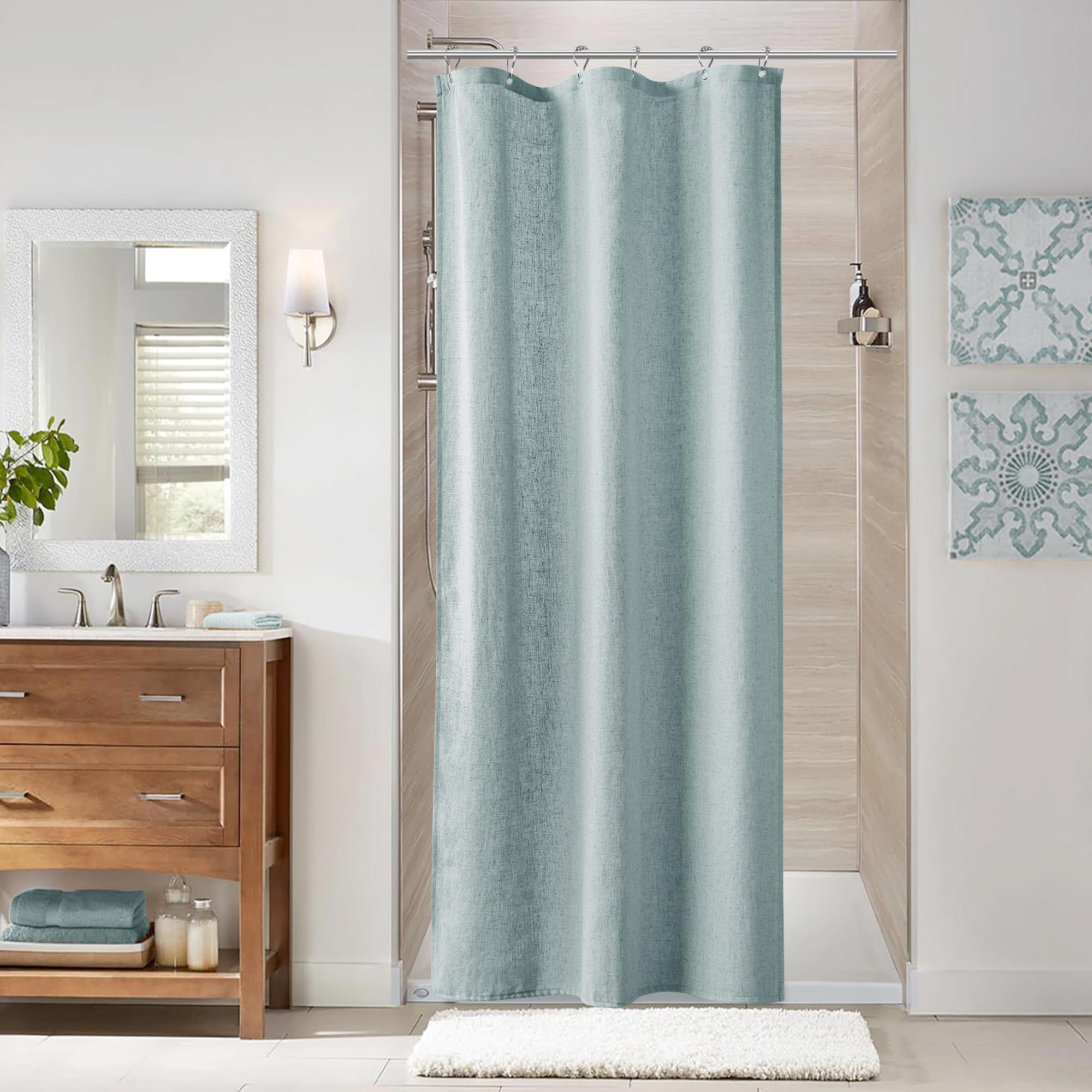 Naturoom 36 Inch Shower Curtain - Stall Narrow Half Green Linen Ultra Thick Fabric Shower Curtain Set with Hooks, Boho Farmhouse Rustic RV Camper Bath