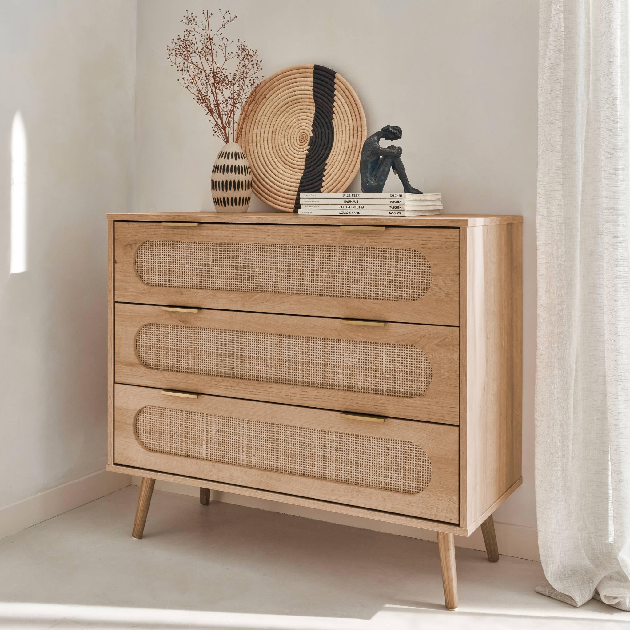 Alice's Home - Commode. Eva. décor Bois et cannage Arrondi. 3 tiroirs L 90 x l 39 x H 79cm