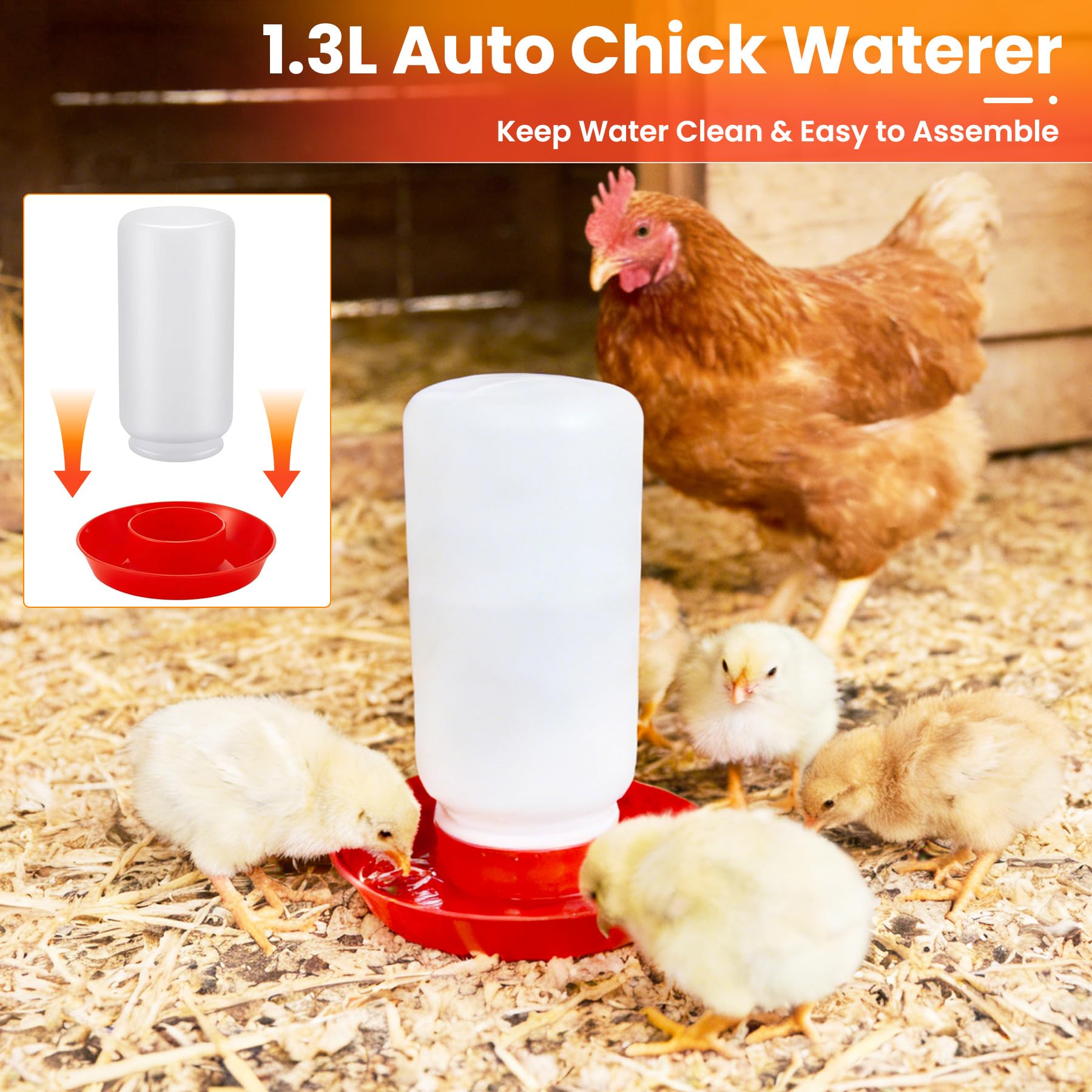 Kit de iniciación de pollitos, 2 comederos para pollitos y juego de bebedero automático de 1.3 L con lámpara de calor ajustable de 75 W (2 bombillas) y percha de soporte, suministros para criadora