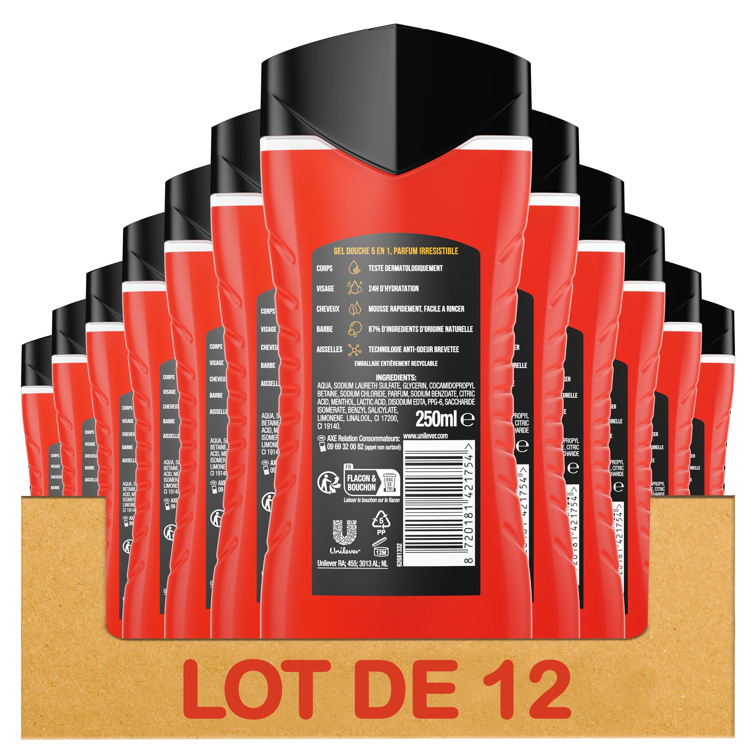 AXE - Gel doccia uomo 5 in 1 Sport Refresh - 24 ore idratante - 87% di ingredienti di origine naturale - profumo menta artica e spezie (confezione da 12 x 250 ml)
