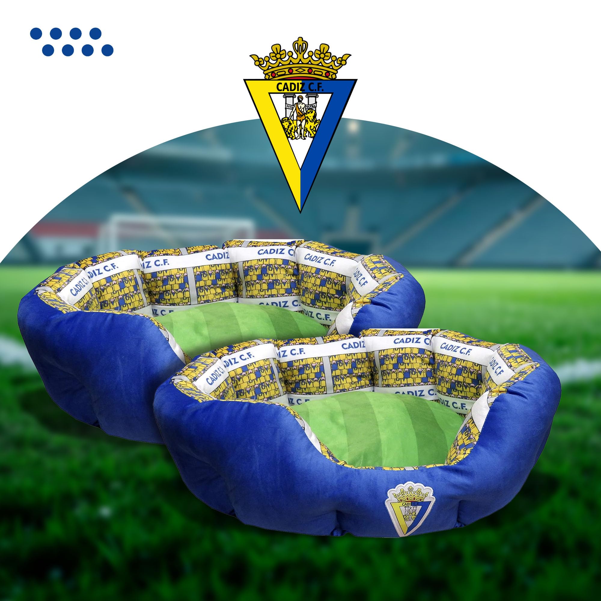 CÁDIZ CF - Cama para Mascotas, Perros, Gatos, Conejos, Talla S/M, Variedad de Tamaños Disponibles, Forma de Estadio, Cojín Independiente, Producto Oficial (CyP Brands)