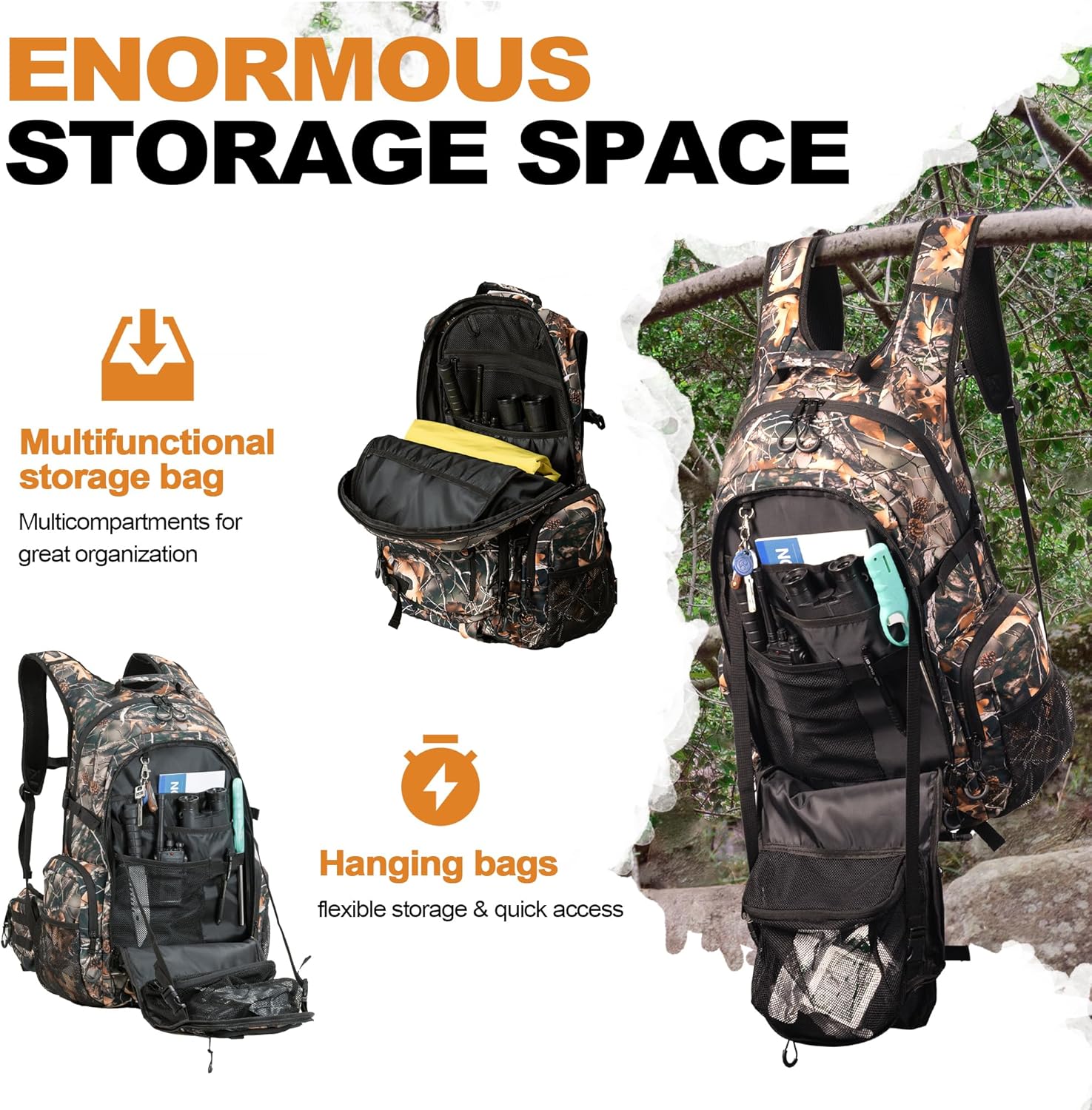 Hunting Backpack for Men, Waterproof Camo Backpacks for Hunt with Rain Cover, Durable Large Capacity Day Pack Hunting Gear Accessories for Men - Image 4