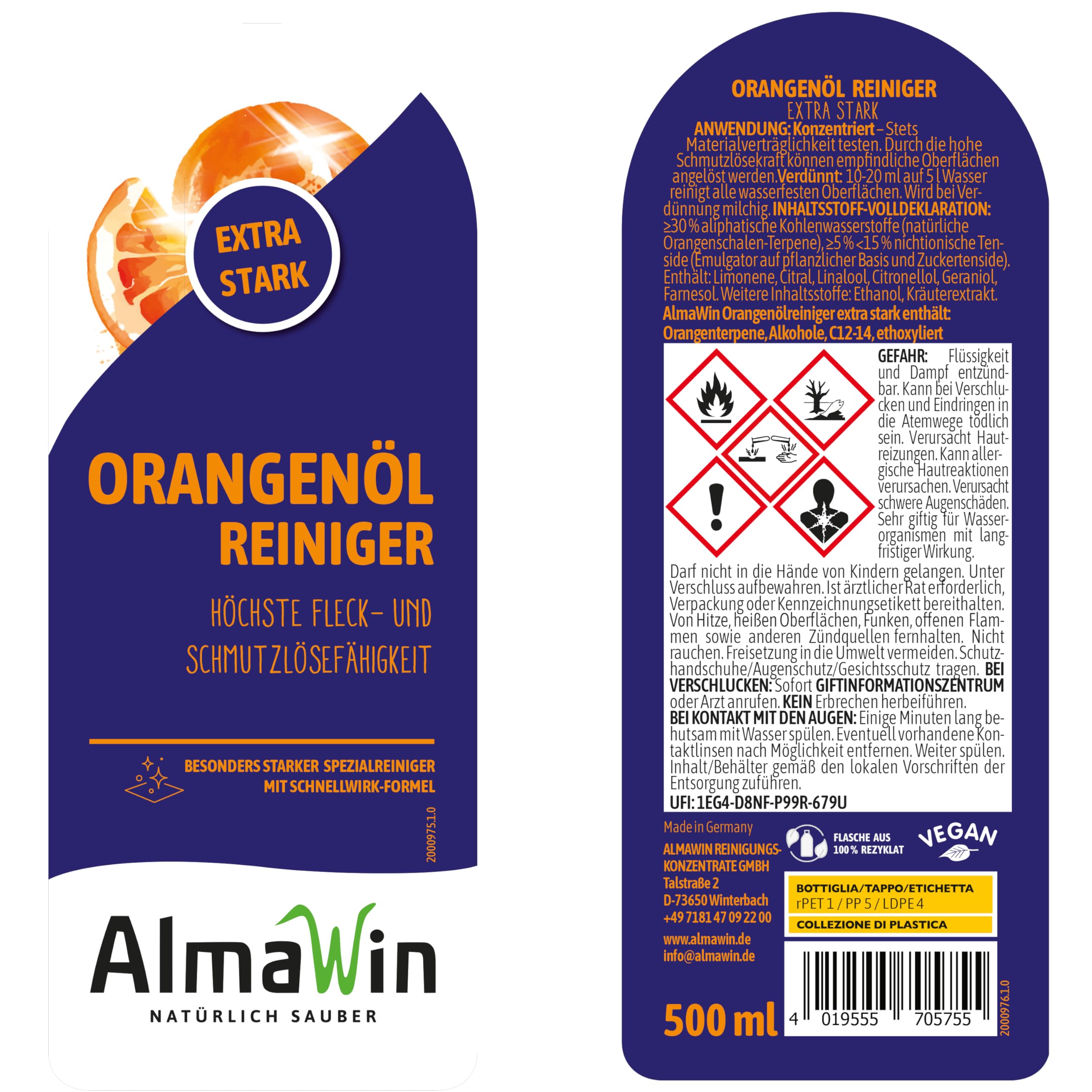 AlmaWin® Orangenöl Reiniger EXTRA STARK [6x 500ml] ideal als starker Allesreiniger & Fettlöser - Veganes Orangenreiniger Konzentrat in recycelter Flasche - Besonders ergiebiger Orangenölreiniger