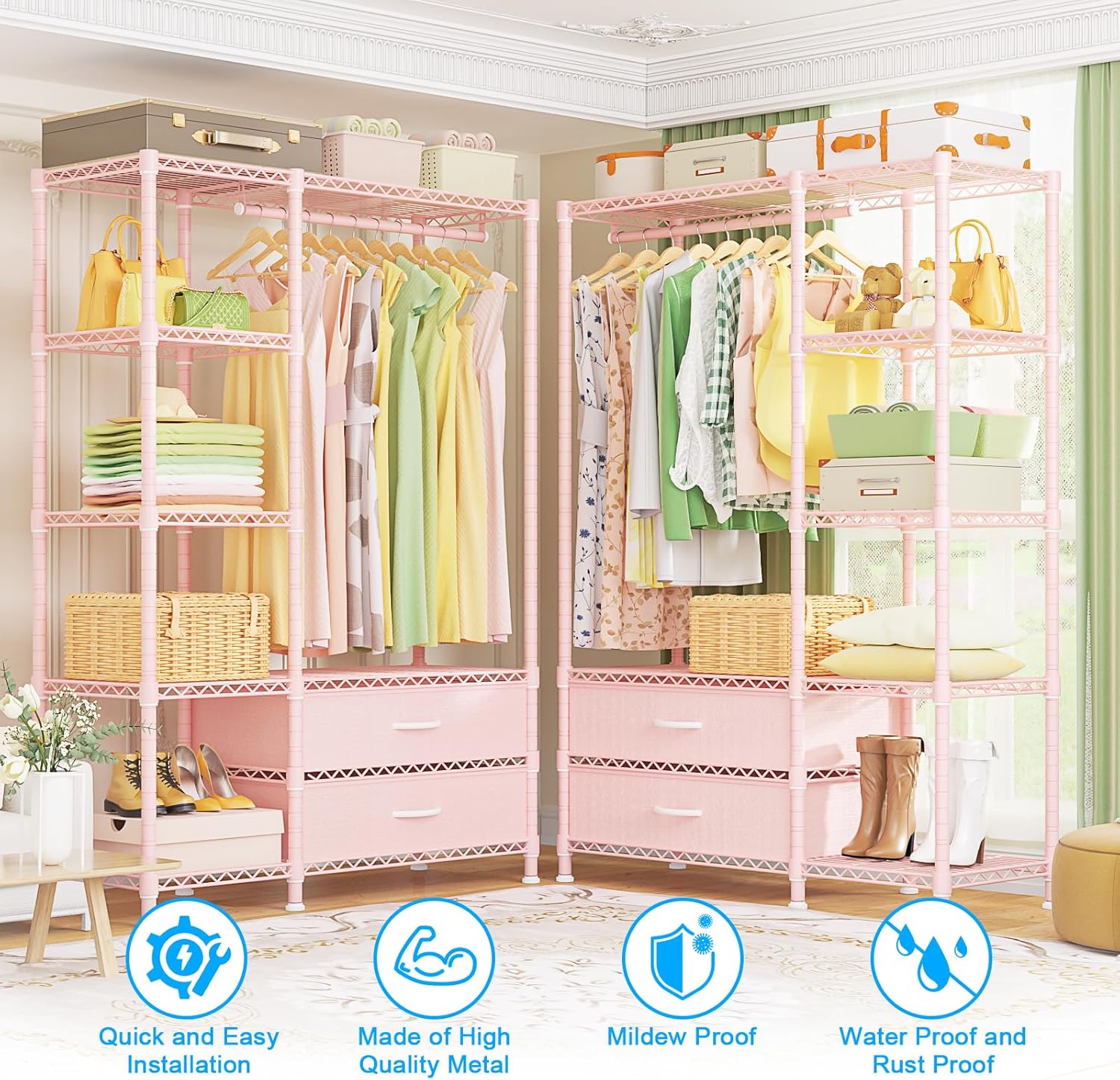 Pink Carbon Steel Portable Clothes Rack with Fabric Drawers