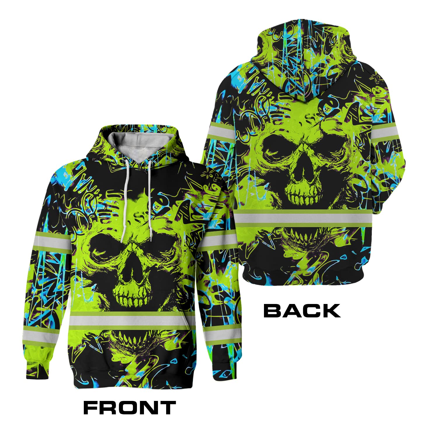 HiVis Custom Green Neon Skull Scratch High Visibility Hoodie for Men Reflective Hoodie Hi Vis Construction Workwear for Runners, Walkers, Trucker, Operator, Patriotic-2XL