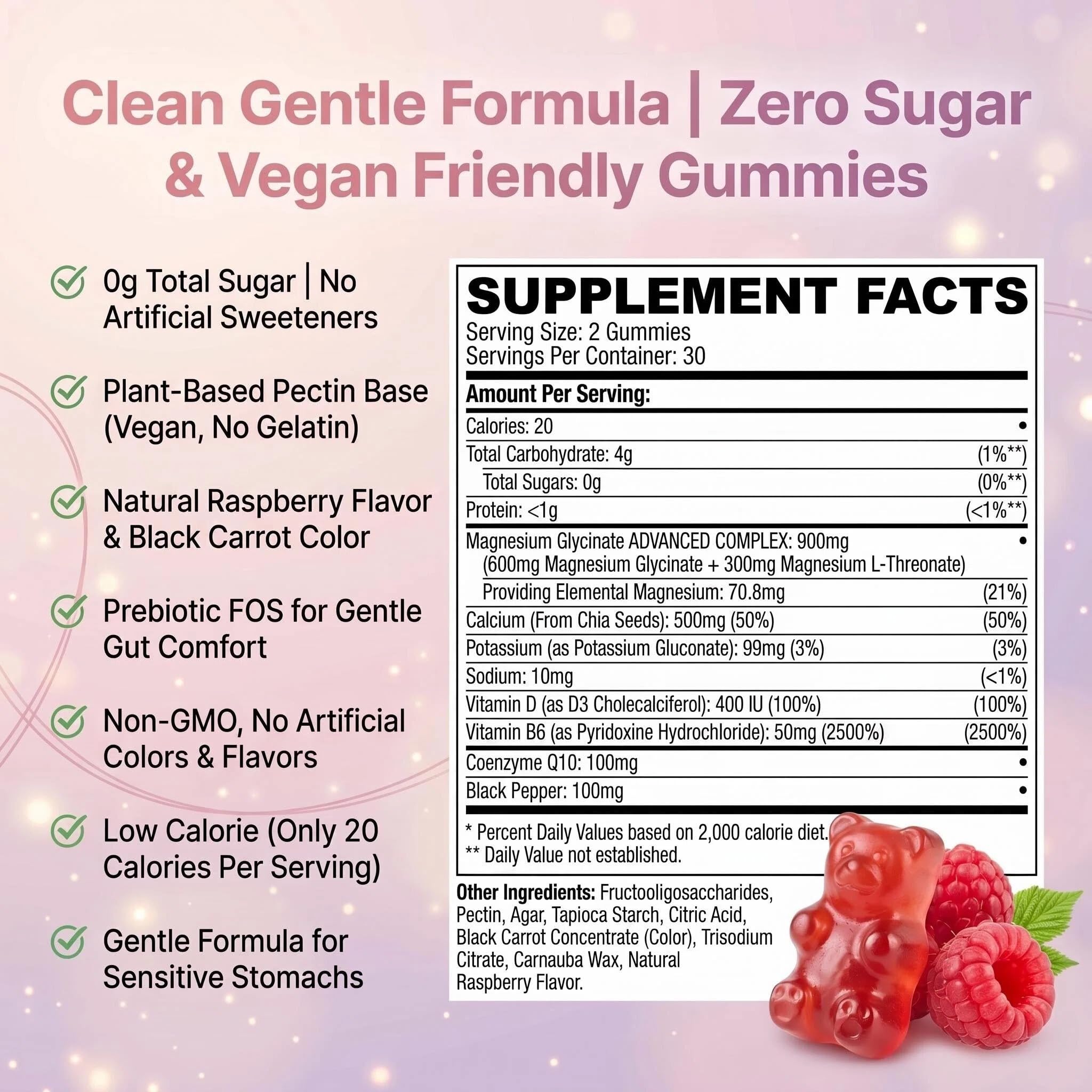 900mg Magnesium Glycinate Gummies, 65 Count, Sugar Free Magnesium Complex with L-Threonate, Potassium, Vitamin D, B6, CoQ10 Supplement for Relaxation, Raspberry Flavor — Amazon image 6