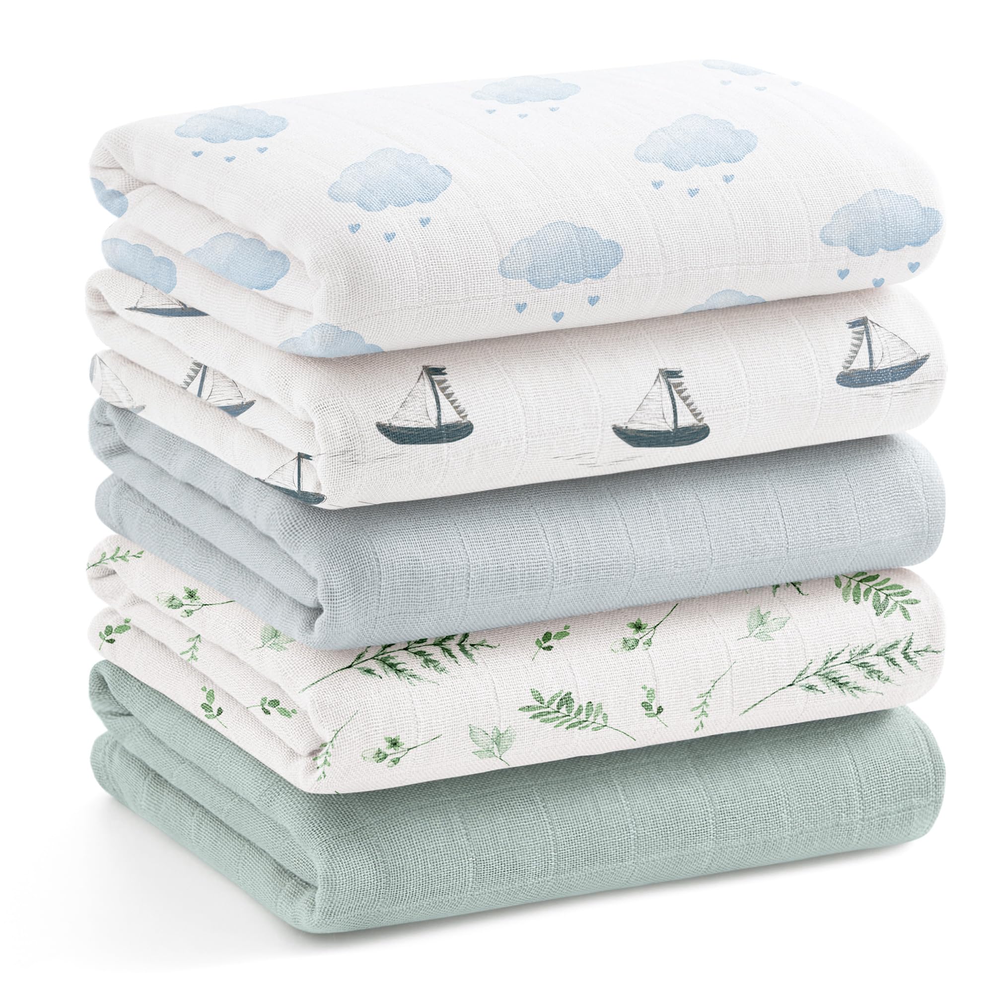 bearmoss Set di 5 panni per neonati, 60 x 60 cm, in bambù e cotone, morbido assorbente traspirante per pulire e coprire i neonati per neonati e pelli sensibili unisex (blu-verde)
