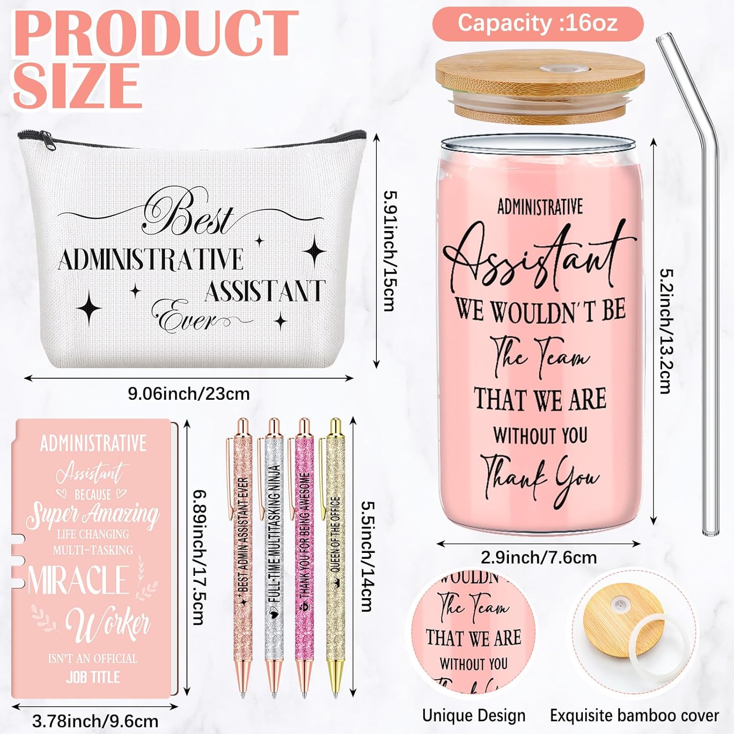 Skylety 7 Pcs Administrative Assistant Gifts Set 16oz Glass Tumbler Makeup Bag Ballpoint Pens Notebook Admin Professional Day Secretary Thank You Gift for Women Lady Coworkers Office - Image 2