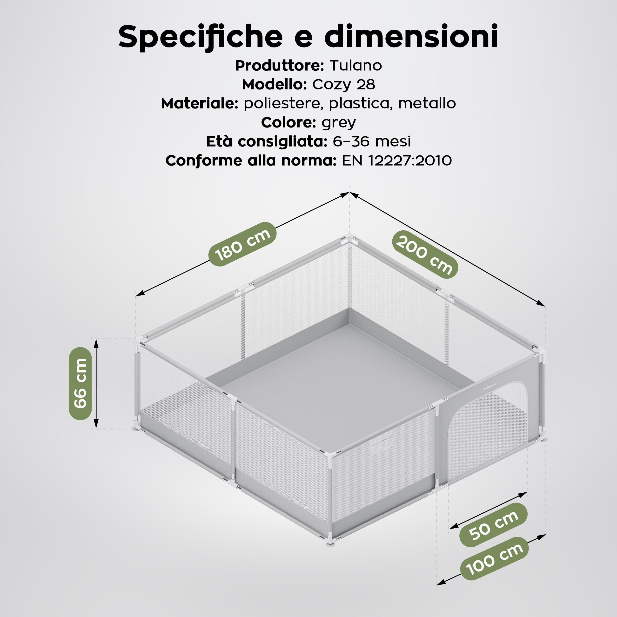 Tulano Cozy 28 Box per Bambini 180x200 cm - da 6 a 36 mesi – Recinto Neonato con Fondo – Struttura in Metallo – Rete Traspirante – Porta con Cerniera – Borsa Inclusa – Casa e Giardino – Grigio