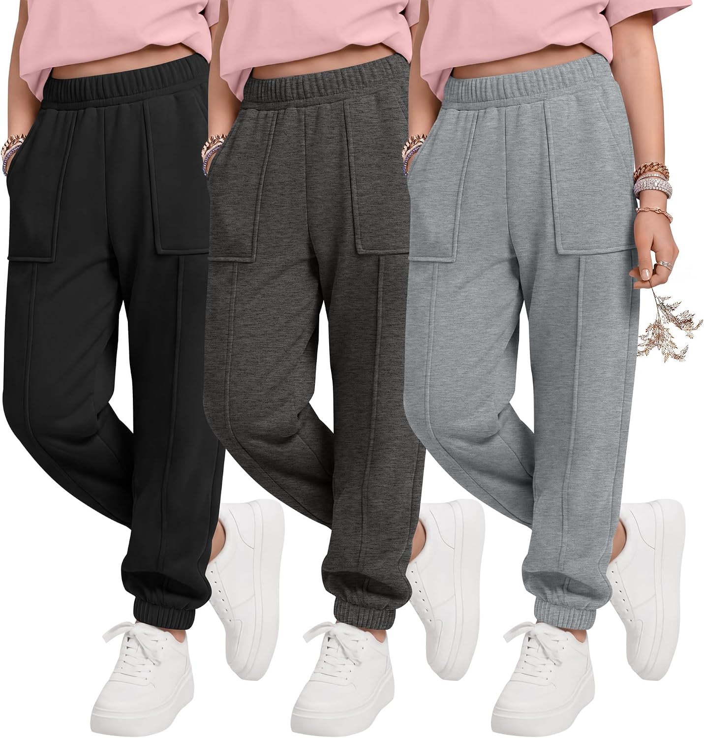 Halfchet 3 Pack Girls' Sweatpants Joggers Kids School Athletic Running Pants Teens Casual Sweat Pants with Pockets