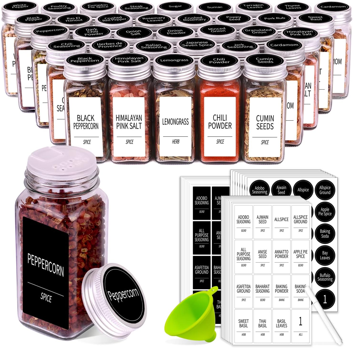 Churboro 25 Spice Jars with Labels Glass Spice Containers