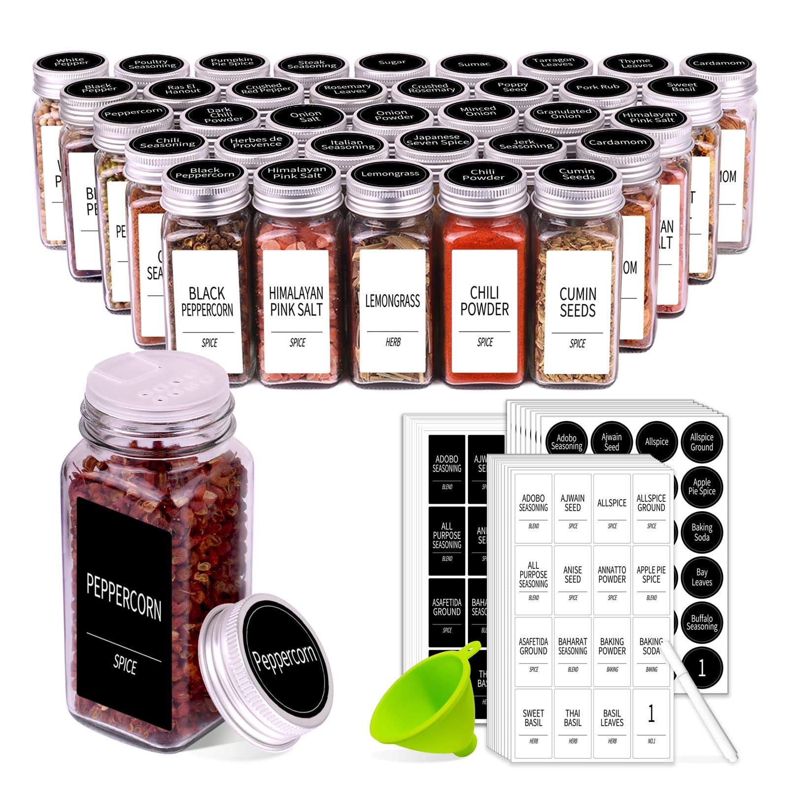 Photo 1 of 25 Spice Jars with Labels- Glass Spice Containers with Shaker Lids, 547 Spice Labels of 3 Different Types, Funnel, Chalk Pen, Churboro 4oz Empty Seasoning Bottles for Spice Rack, Drawer, Cabinet