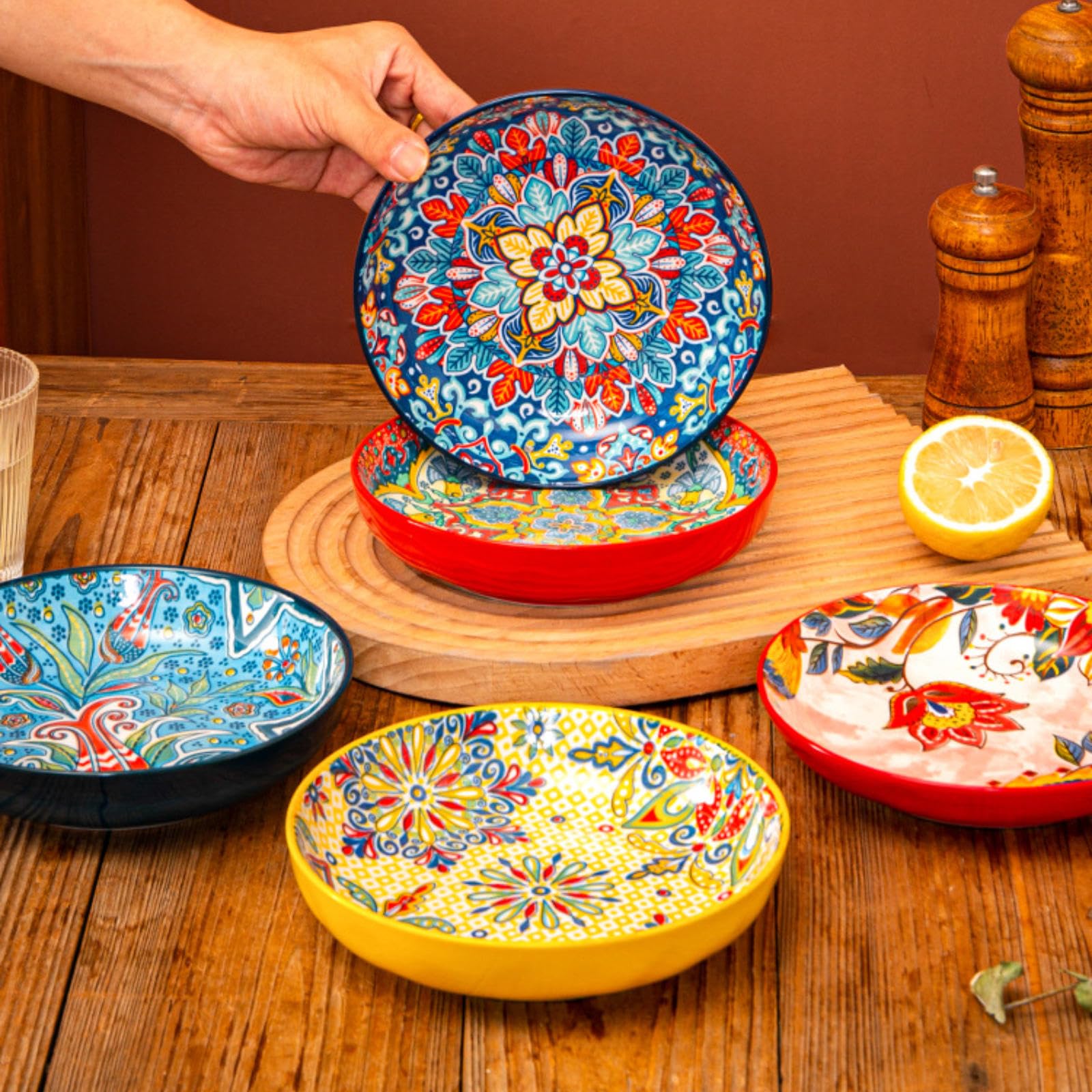Set di 4 piatti piani rotondi in ceramica colorata da 20 cm, per pasta, torte e waffle, adatti al microonde e alla lavastoviglie
