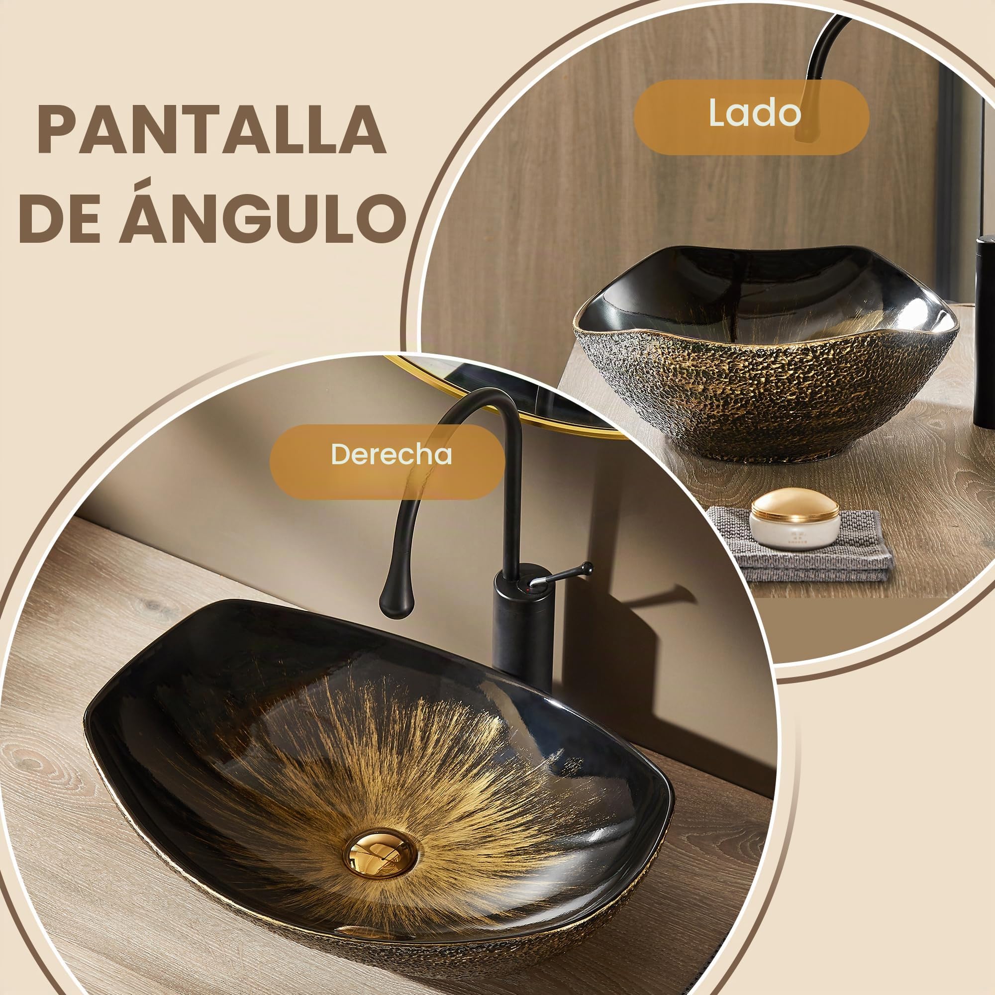 MEJE Lavabo de baño de 56,5 x 40,3 cm sobre encimera, lavabo de cerámica de porcelana, lavabo de arte vintage dorado
