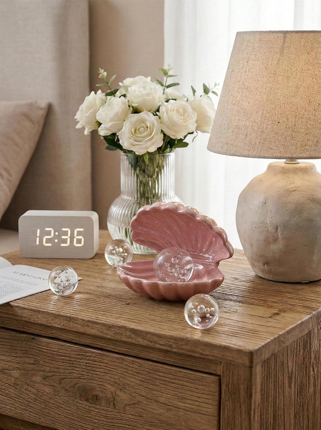 Denique Shell Jewelry Dish Tray, Ceramic Trinket Tray Clamshell Jewelry Storage Dish, Ring Holder Dish Key Bowl, Decorative Jewelry Plate, Cute Jewelry Organizer for Room Decor (Pink)