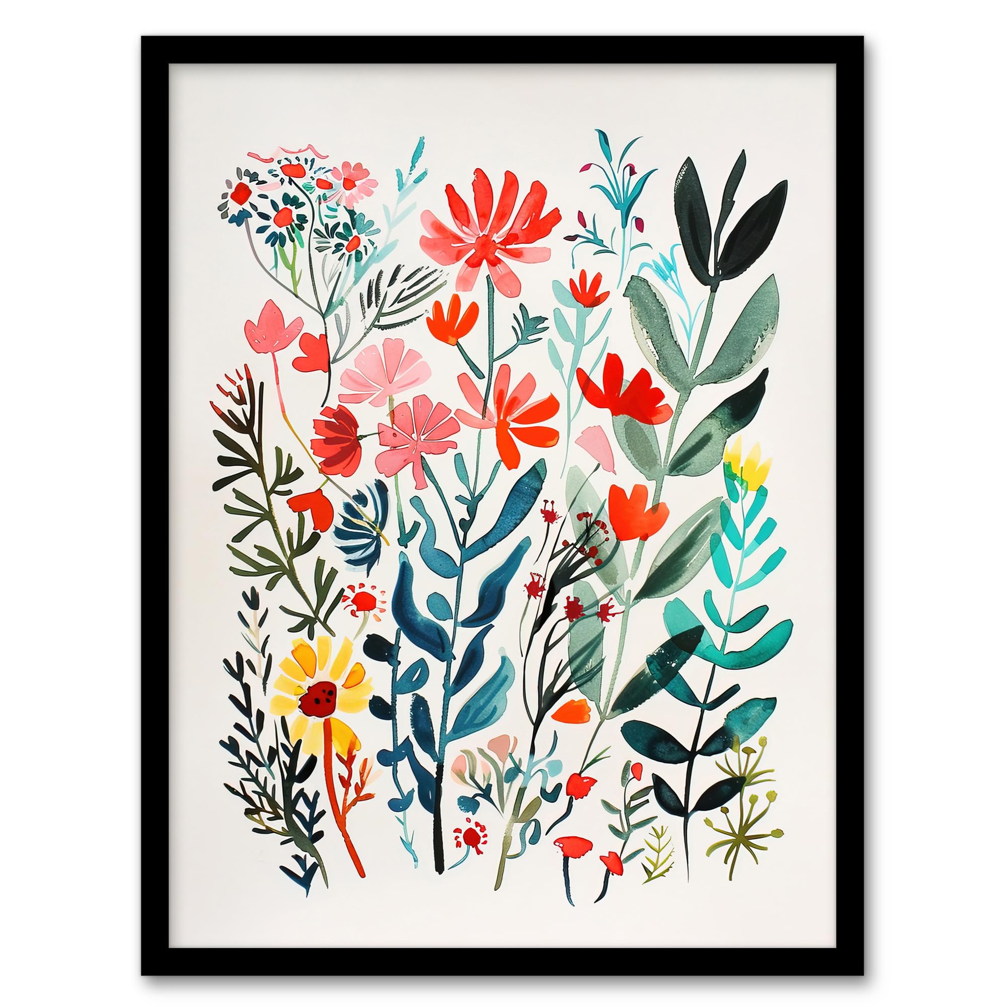 Artery8 Spring Wildflowers Bright Abstract Watercolour Living Room Artwork Framed Wall Art Print A4