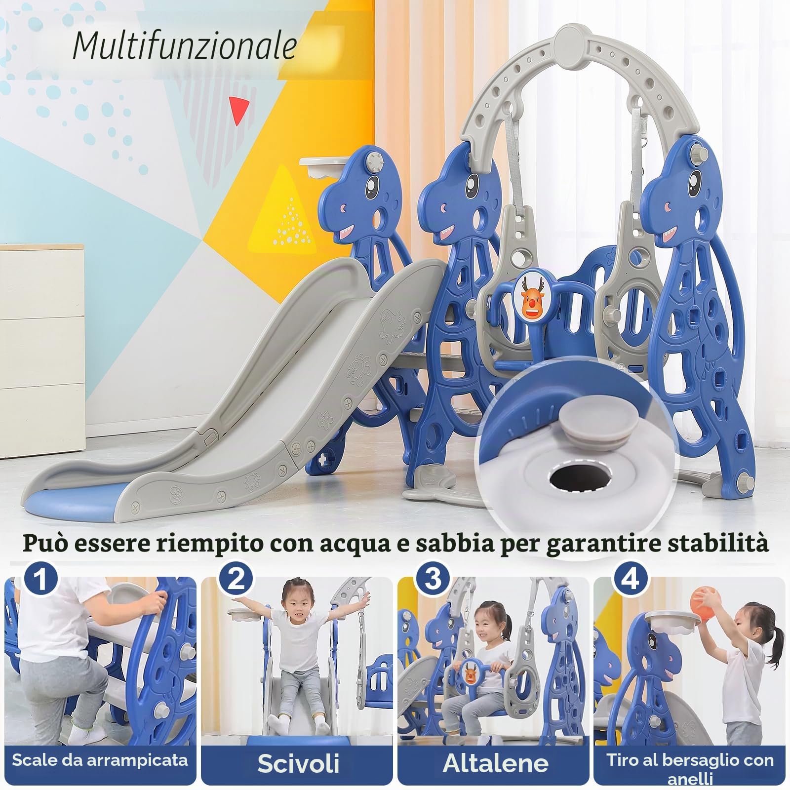 FIVMEN Scivolo per bambini, 4 in 1, set di scivoli per bambini, per interni ed esterni, con cestino da basket e sedia a dondolo, per massimo 50 kg a partire dai 1 ai 6 anni (tipo B, arco)