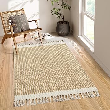 Lahome Belle Boho Rugs for Bedroom, 3x5 Bathroom Rug Lightweight Farmhouse Woven Area Rug with Tassels, Throw Rugs Washable Kitchen Rug Non Shedding Indoor Door Mats for Entryway Living Room, Khaki