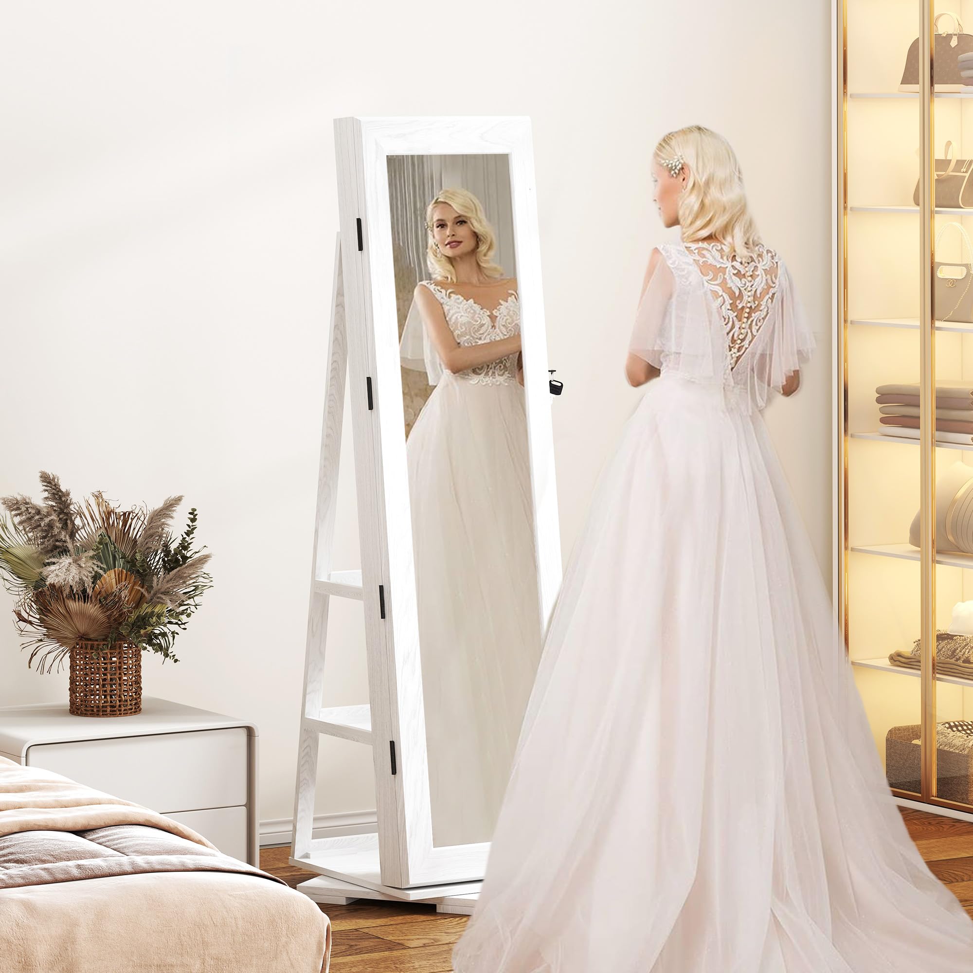 SogesPower Schmuckschrank mit ganzkörperspiegel - 360° drehbar mit Schloss • Mehrere Ebenen für Ring, Halskette & Lippenstift • Ideal als Geschenk für Geburtstagen, Hochzeiten oder Weihnachten, Weiß