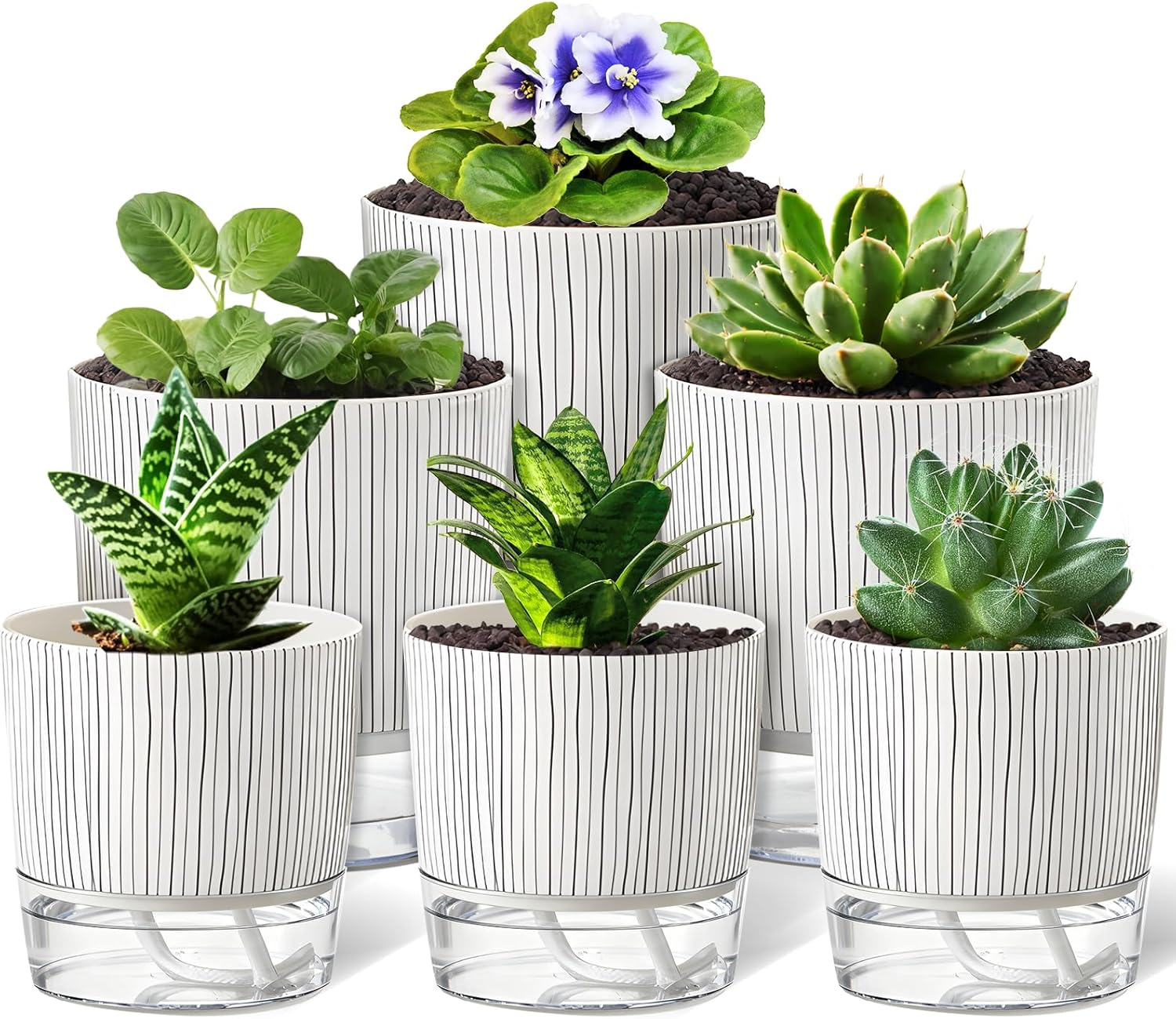 6 Pack Self Watering Pots for Indoor Plants, Flower Planters with Wick Rope & Reservoir, 4" + 5.5" Plastic Pots for African Violet, Orchid, Succulent, Herbs